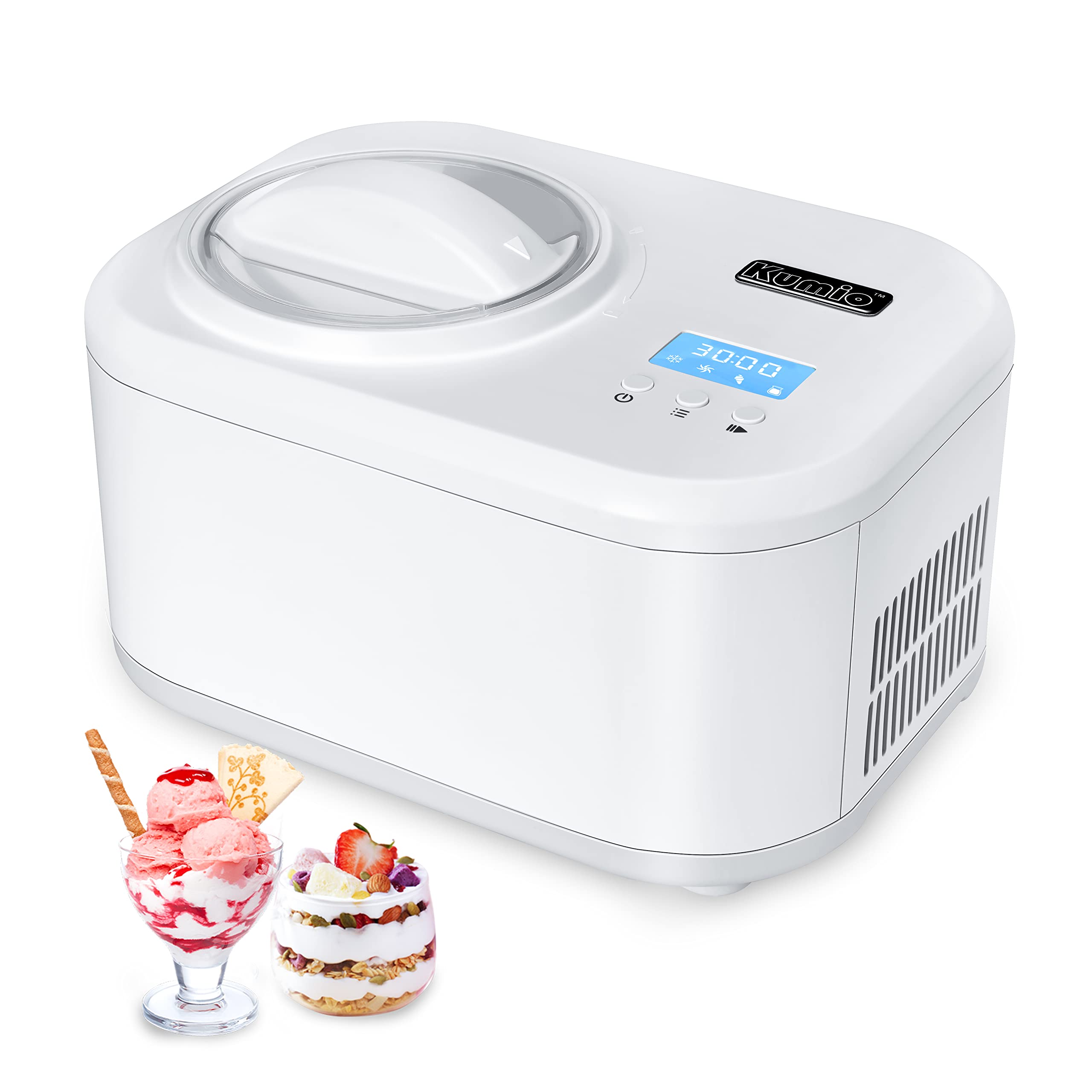 KUMIO 1.2-Quart Automatic Ice Cream Maker with Compressor - No Pre-Freezing Needed, 4 Modes for Frozen Yogurt, Sorbet & Gelato with LCD Display & Timer | Keep Cool Function | Perfect for Home Kitchen, Parties & Dessert Shops