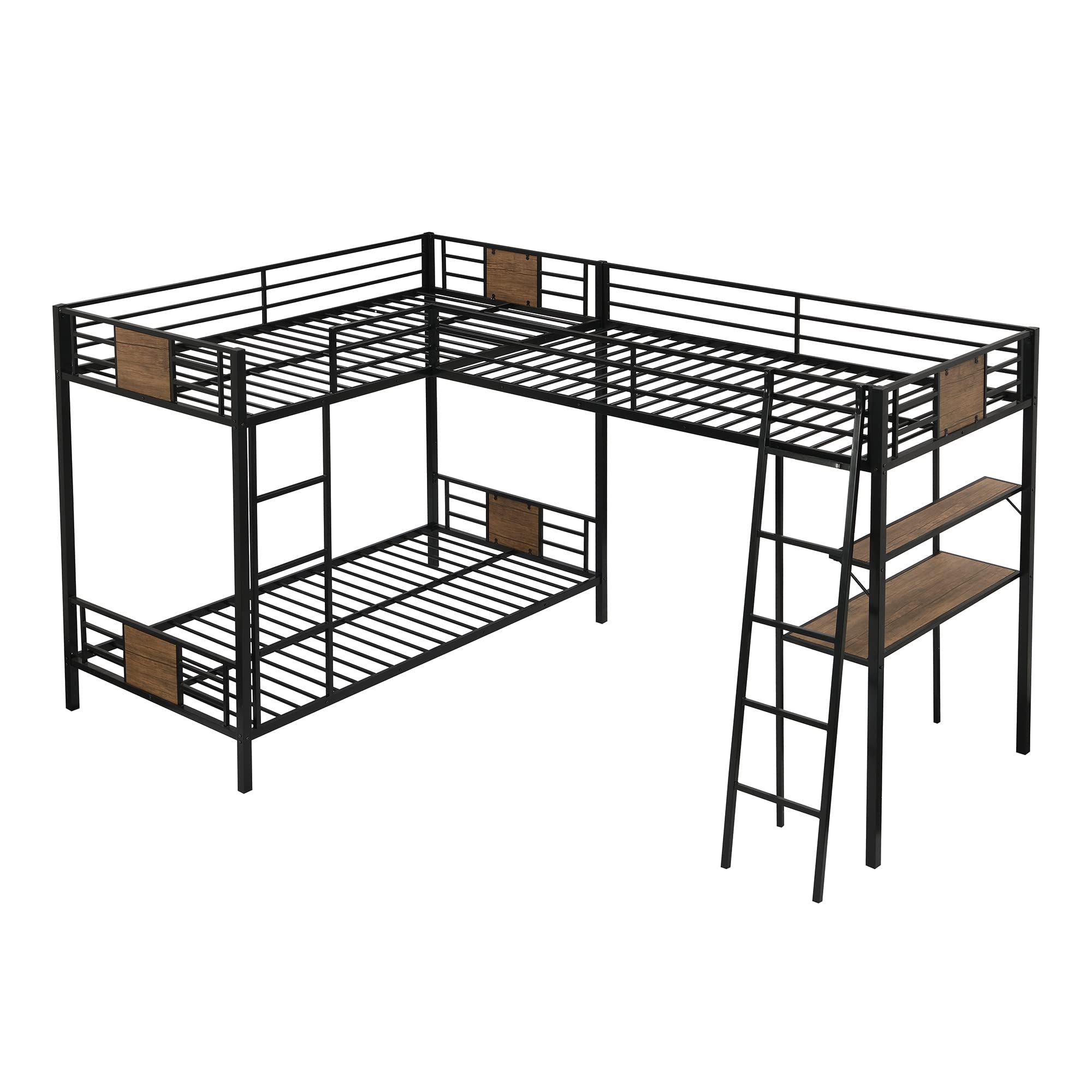Metal Triple Bunk Beds for 3 - L-Shaped Twin Over Twin Bunk Bed with Desk & Shelves | Space-Saving Kids Dormitory Furniture for Boys, Girls & Teens | Perfect for Small Bedrooms, Shared Kids Rooms & College Dorms (Brown)