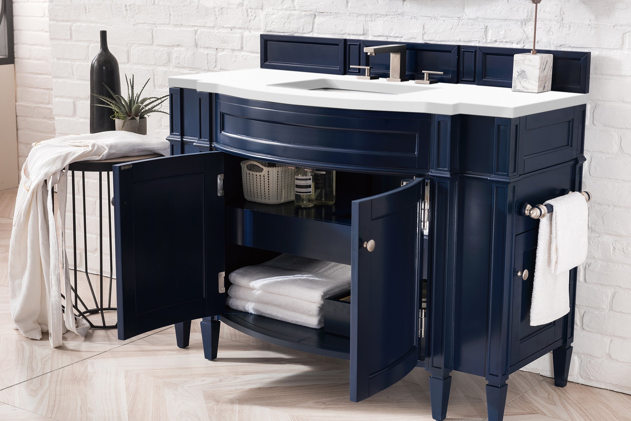 Brittany 46 Inch Single Bathroom Vanity Set with Victory Blue Cabinet & 3CM Classic White Quartz Countertop - Perfect for Modern Master Bathrooms & Guest Suites