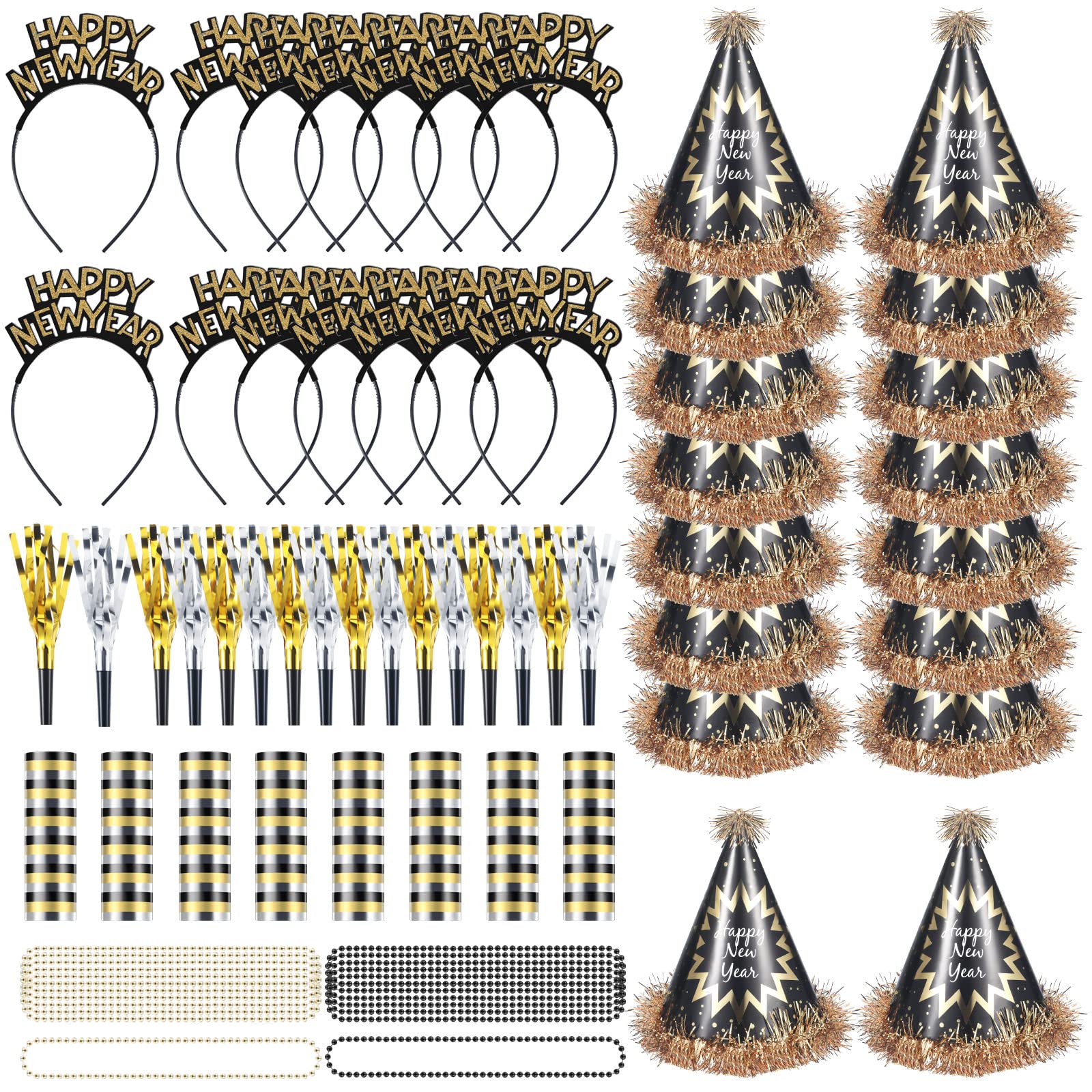 52 Pieces New Year's Party Supplies Kit 2025 for 16 Guests - Includes Happy New Year Headbands, Tassel Cone Hats, Plastic Necklaces & Foil Party Favors - Perfect for NYE Celebrations, Countdown Parties & Holiday Gatherings