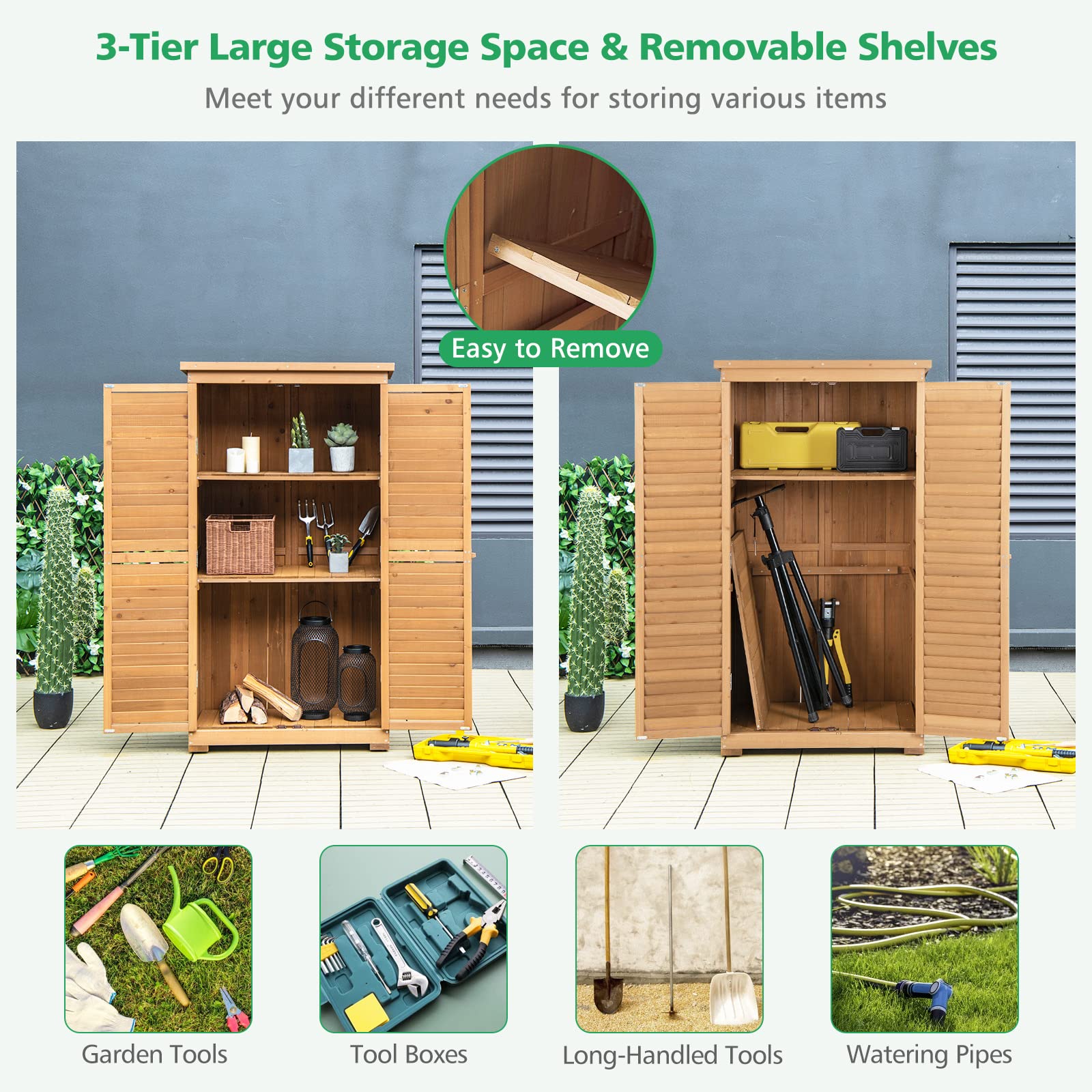 GOFLAME 63 Inch Outdoor Storage Cabinet with 3 Removable Shelves - Waterproof Wooden Garden Shed, Adjustable Footpads & Latch - Vertical Tool Storage for Porch, Deck, Backyard, Patio (Great for Storing Gardening Tools, Outdoor Equipment & Seasonal Items)