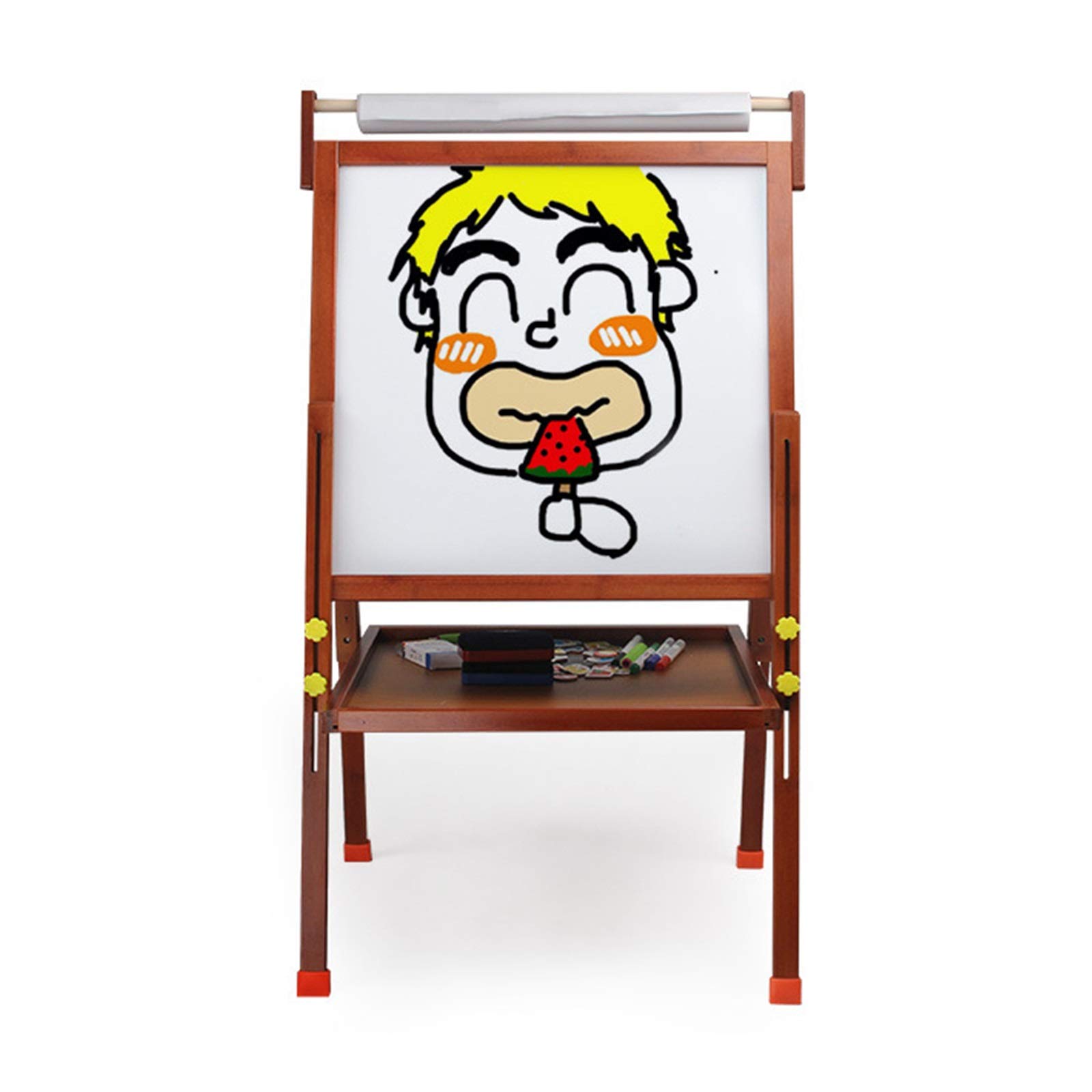 Double-Sided Kids Easel Stand with Whiteboard, Chalkboard & Paper Roll - Adjustable Height 56x53x90-121cm - Includes Numbers & Art Accessories for Toddlers (Brown) - Perfect for Home, Classroom & Creative Play