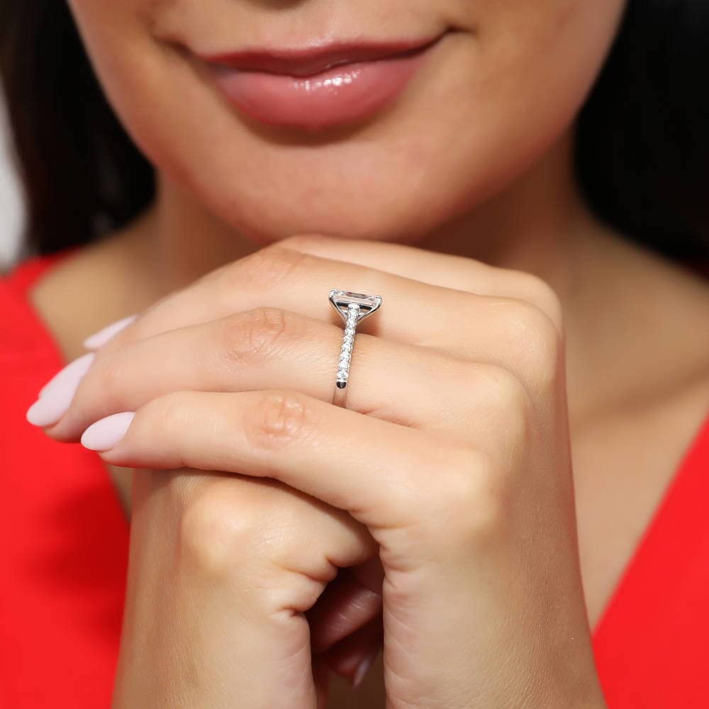 BERRICLE Sterling Silver Solitaire Wedding & Engagement Ring Set - 2.6 Carat Emerald Cut Cubic Zirconia CZ for Women, Rhodium Plated, Size 4-10 - Perfect for Proposals, Anniversaries & Special Occasions