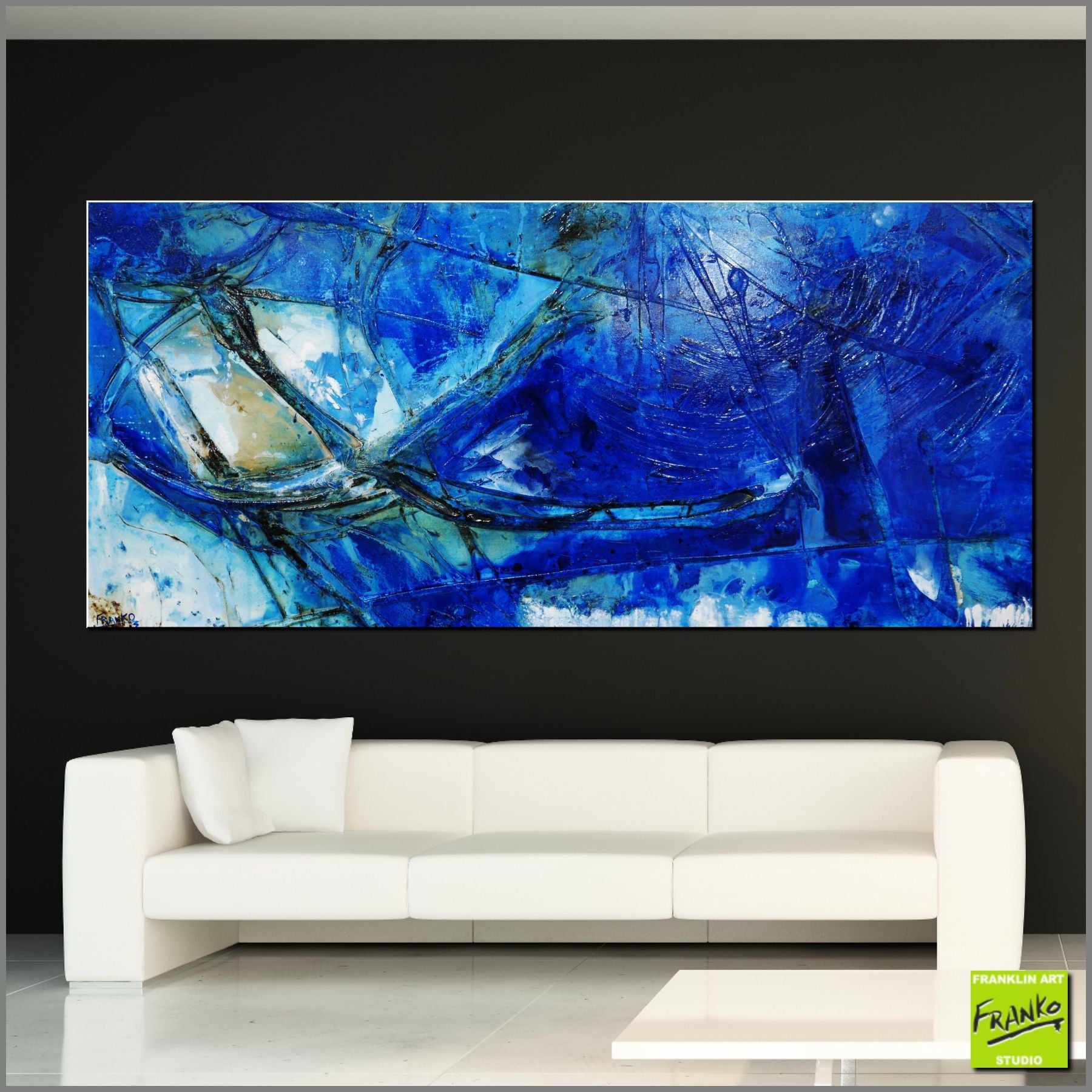 Blue Textured Abstract Painting 270cm x 120cm - Modern Wall Art for Living Room, Bedroom & Office Decor | Large Blue and Gold Canvas Artwork