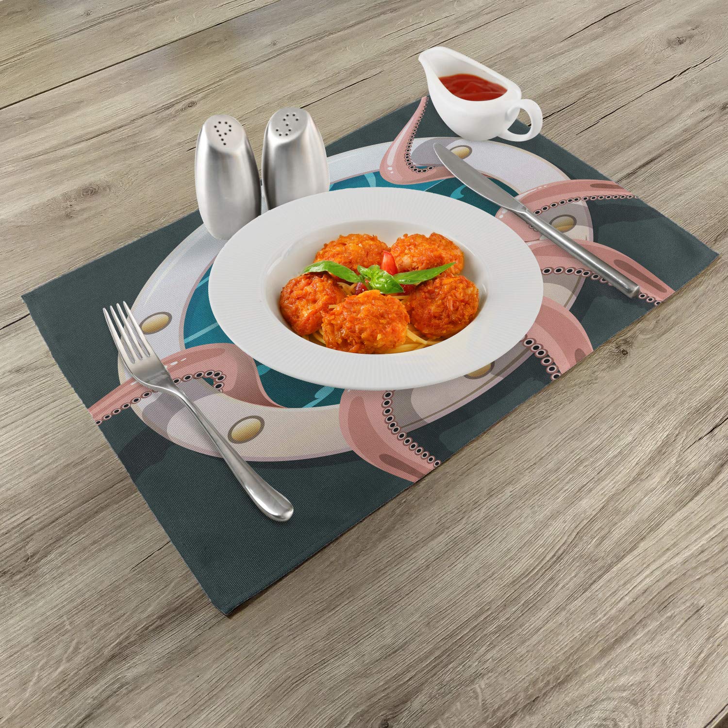 Lunarable Octopus Place Mats Set of 4 - Kraken Tentacles in Ship Porthole Retro Art, Washable Fabric Table Mats for Dining Room & Kitchen Decor (Grey, Pink, Blue) - Perfect for Seafood Dinners & Nautical Theme Parties