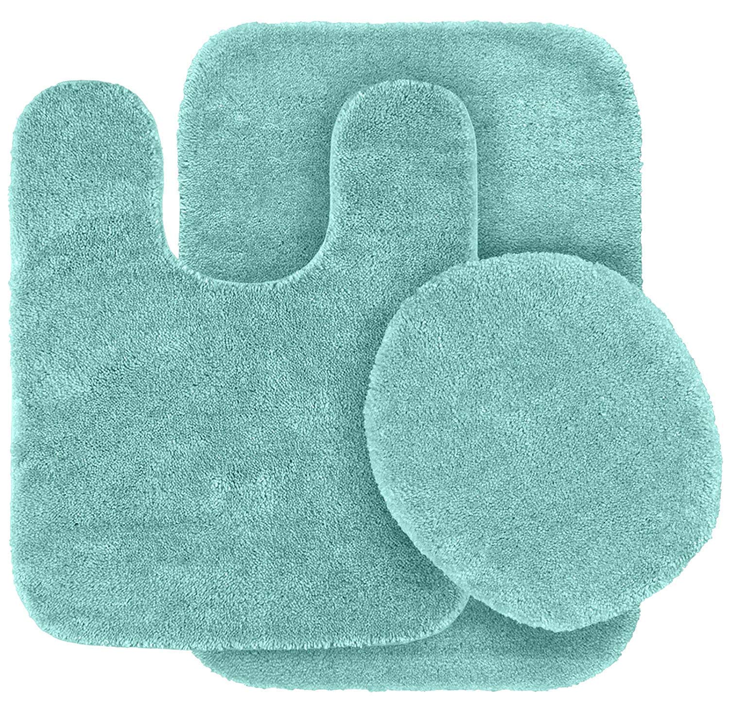 Premium 3-Piece Bathroom Rug Set - Non-Slip Solid Color Bath Mat, Contour Mat & Toilet Lid Cover with Rubber Backing (Aqua/Marine Blue) - Soft & Absorbent for Bathroom, Shower & Vanity Areas