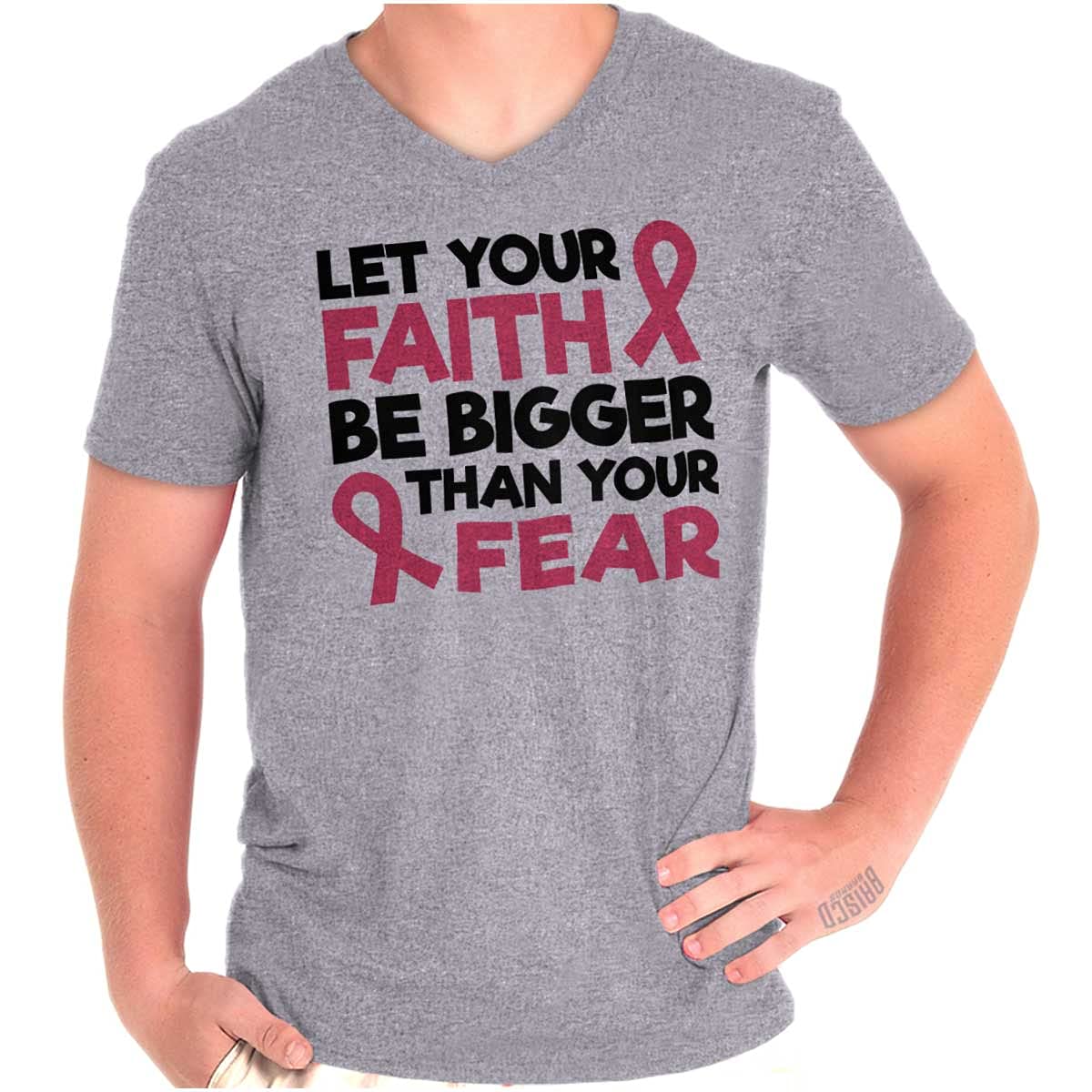 Breast Cancer Awareness 'Faith Bigger Than Fear' V-Neck T-Shirt for Men & Women - Inspirational Support Tee for Survivors, Fighters & Supporters
