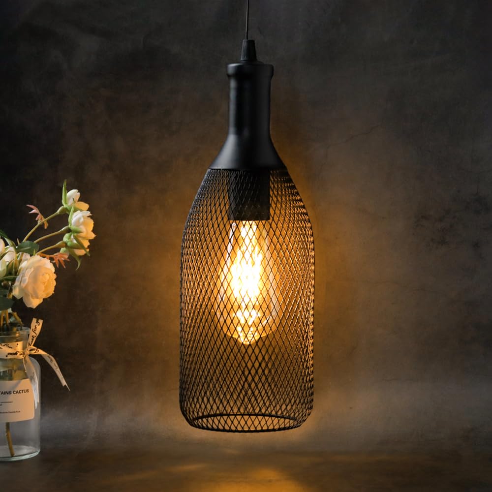 JHY DESIGN Black Battery Powered Hanging Lamp - Metal Cage Pendant Light with 6-Hour Timer for Indoor & Outdoor Use - Perfect for Bedroom, Living Room, Bar, Garden, Patio, and Party Decor (Wine Bottle Shaped)