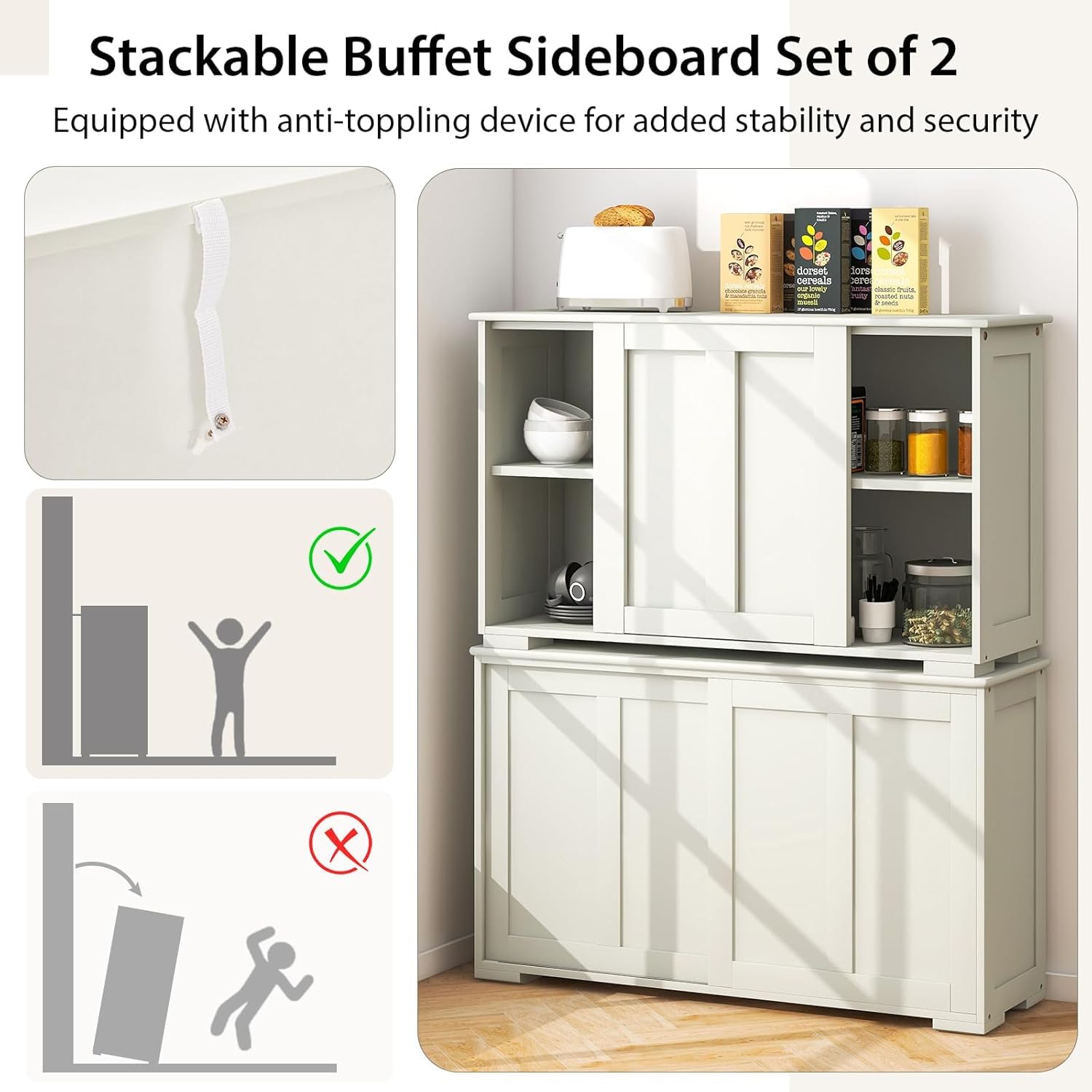 GLACER Buffet Cabinet with Adjustable Shelves & 2 Sliding Doors - Stackable Kitchen Storage Cabinet, Coffee Bar Console, Sideboard for Dining Room, Living Room, Entryway & Hallway - Perfect for Home Organization & Entertaining (White)