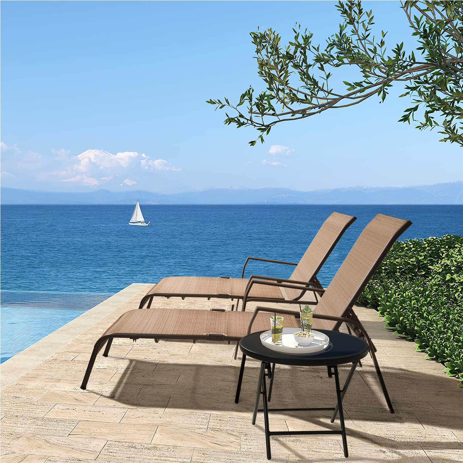 Flamaker 3-Piece Adjustable Patio Chaise Lounge Set with Textiline Cushions & Glass Top Bistro Table - Foldable Metal Reclining Chairs for Outdoor Relaxation - Perfect for Beach, Poolside, Backyard, Porch & Garden (Beige)