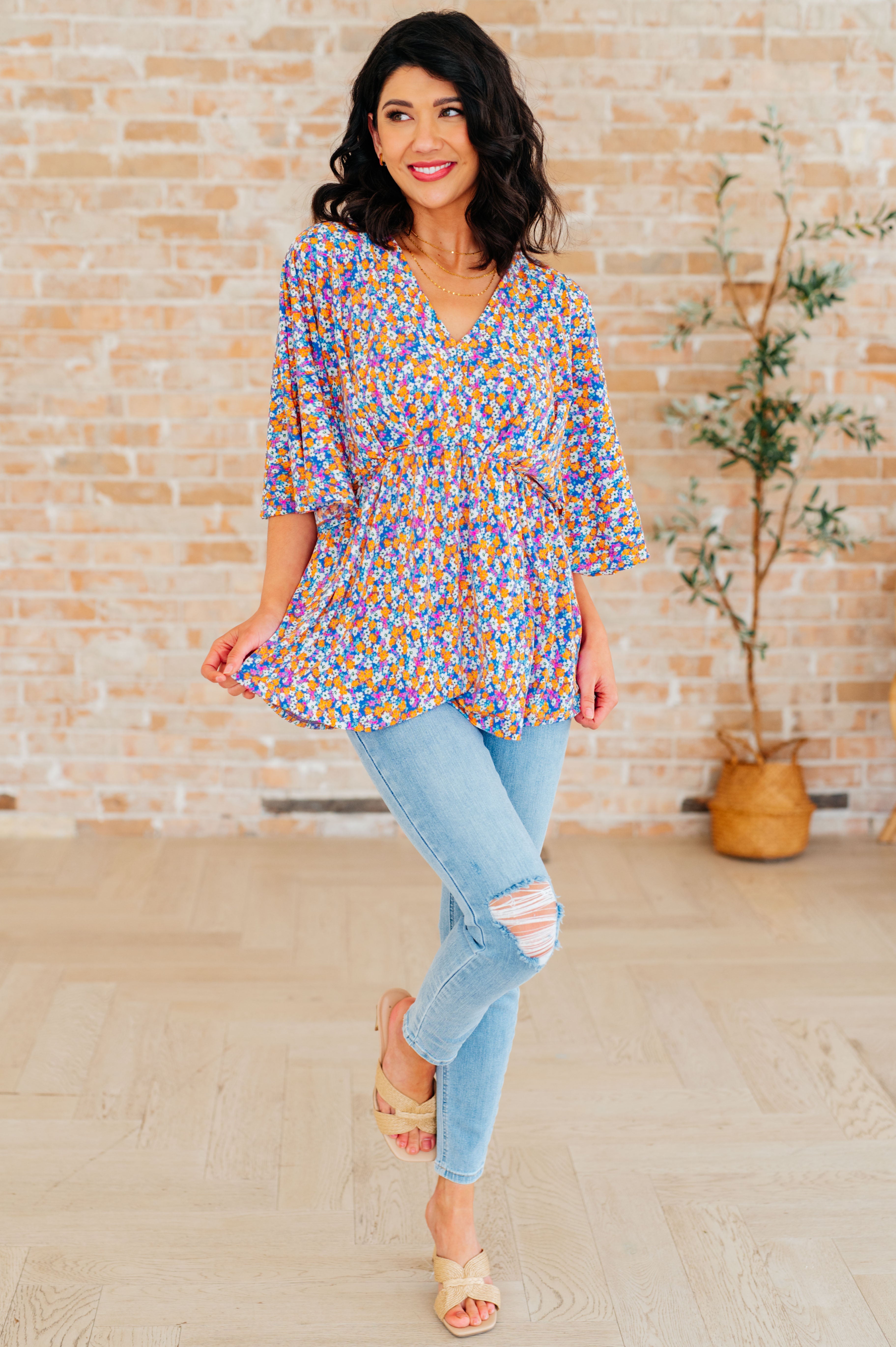 Dreamer Peplum Top - Purple Retro Ditsy Floral Print Women's Blouse for Casual Wear & Date Night Outfits