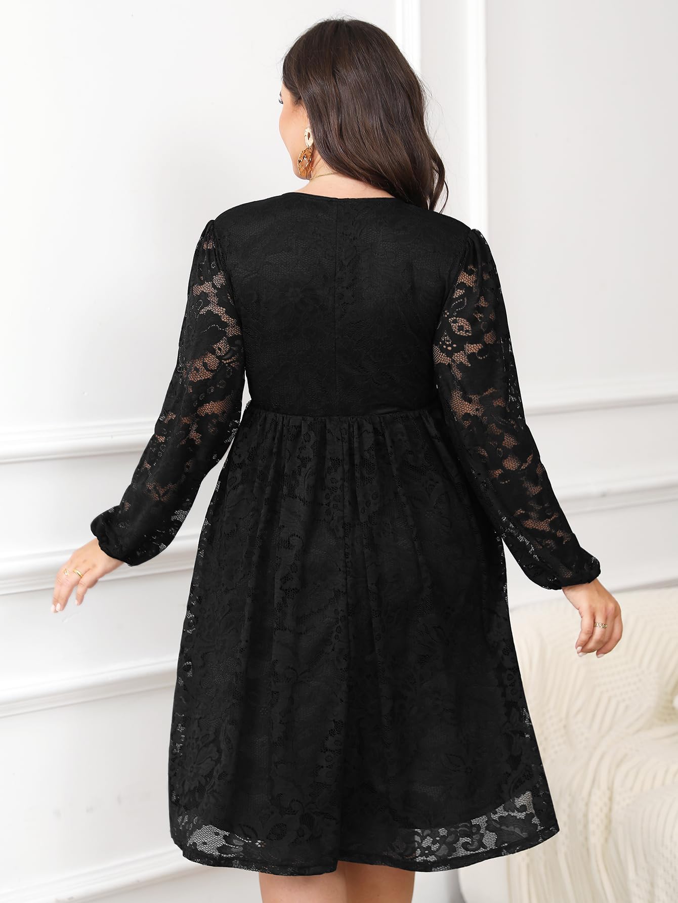 Plus Size Women's Lace Midi Dress - V Neck Wrap Long Sleeve Flowy A-Line Cocktail Dress for Wedding Guest, Party & Special Occasions