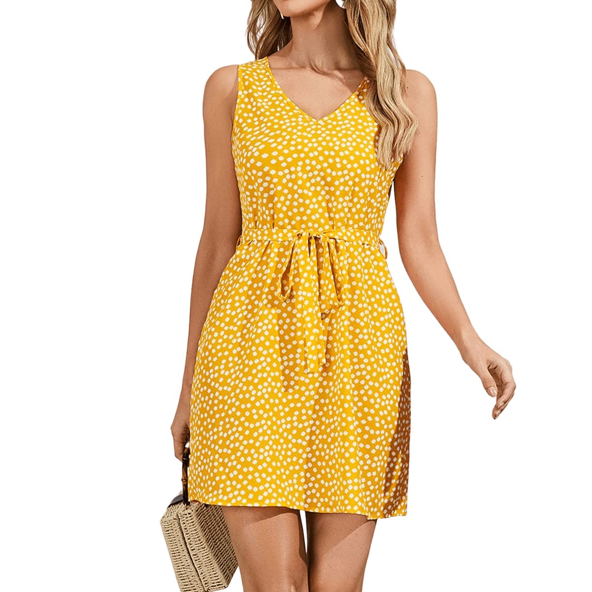 SweatyRocks Women's Floral Print V-Neck Sleeveless Belted Summer Dress - Casual Loose Fit Mini Dress for Beach, Vacation & Outdoor Parties