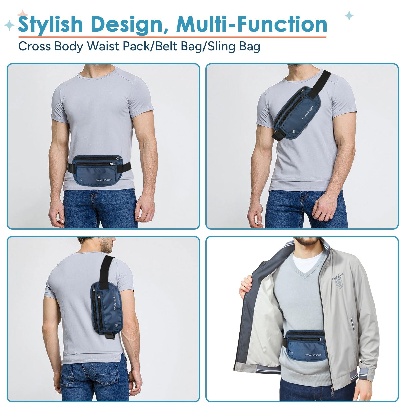 Slim Anti-Theft RFID Blocking Travel Money Belt - Hidden Passport Holder for Credit Cards, Cash & Documents - Navy Blue - Perfect for Airports, Sightseeing & International Travel Security