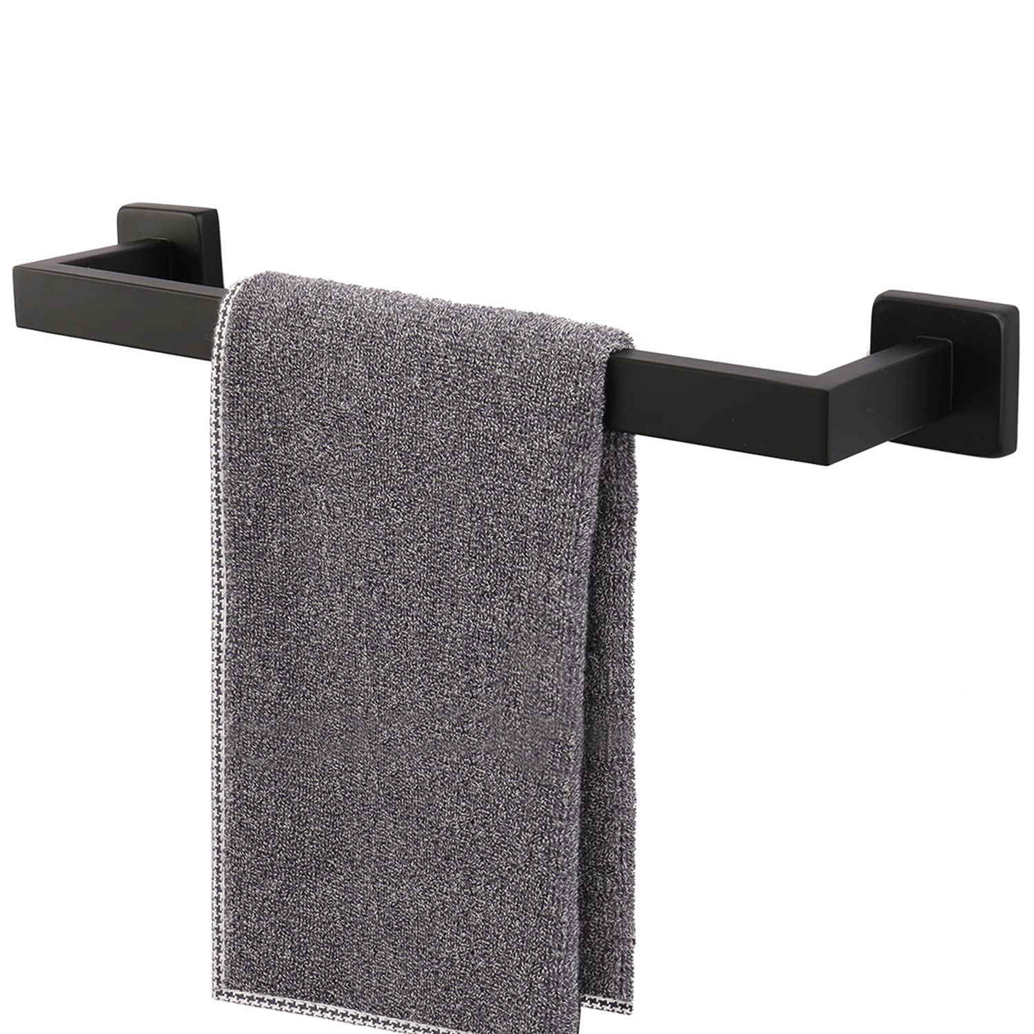 TocTen Stainless Steel Towel Rack - 16 Inch Heavy Duty Wall Mounted Bathroom Towel Bar with Square Base, Thick SUS304 for Bathroom Accessories - Perfect for Spa, Hotel, or Home Bathroom Organization (Black)