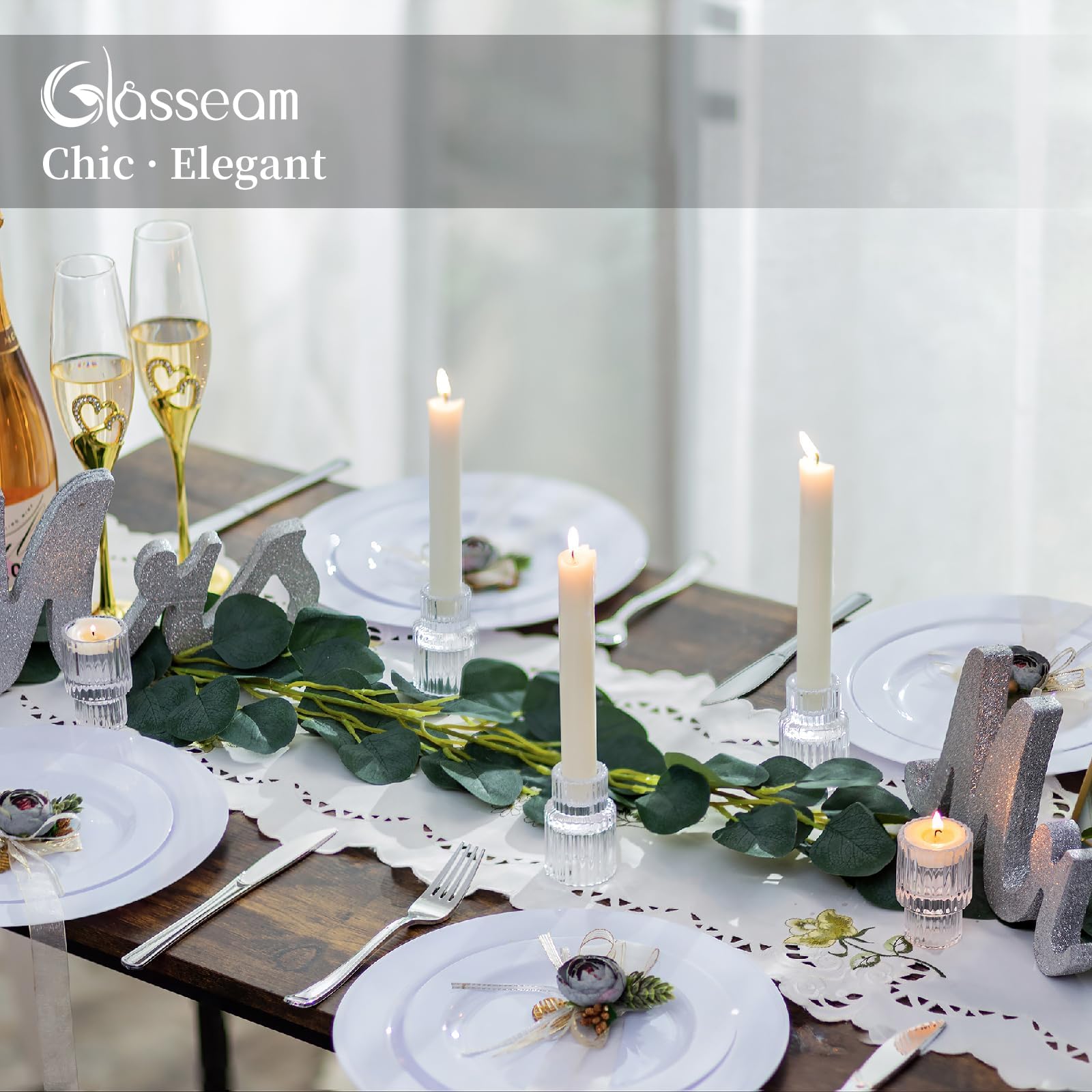 Glasseam Clear Glass Candle Stick Holders Set of 10 - Modern Ribbed Taper Candle Holders for Dining Table Centerpiece, Wedding Decor, Romantic Dinner Ambiance & Home Decoration