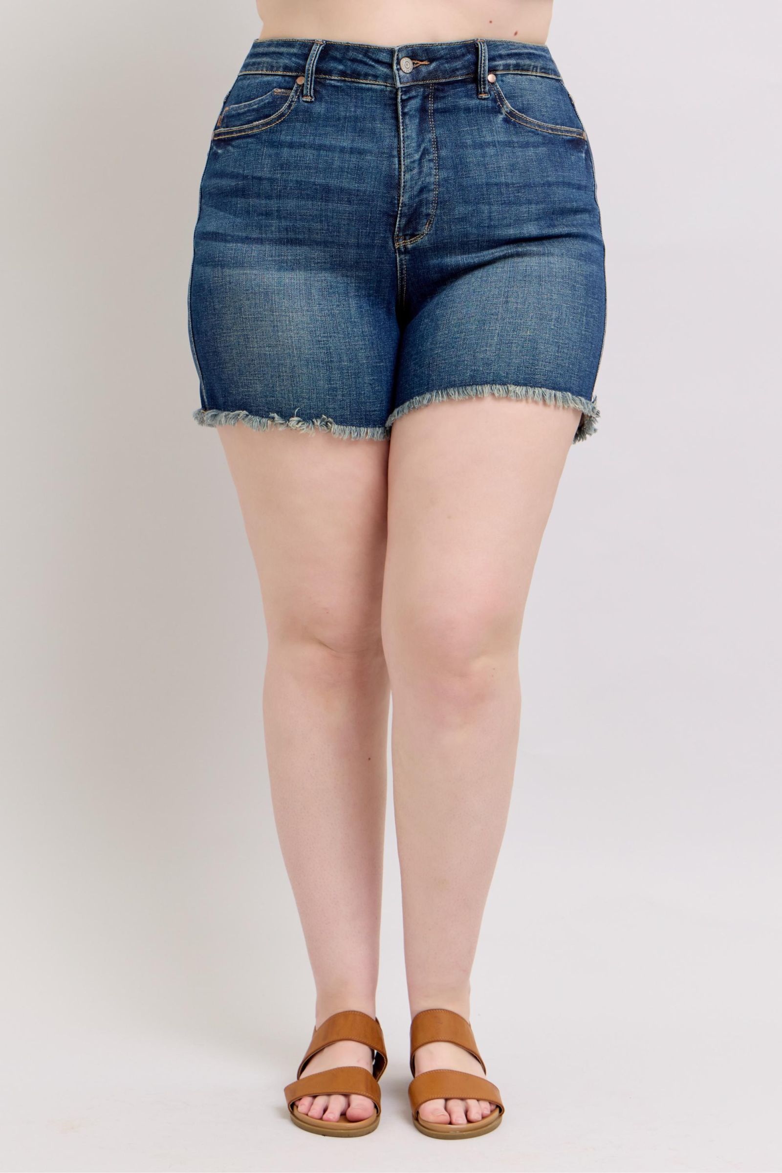 Judy Blue High Waisted Tummy Control Denim Shorts with Frayed Hem & Back Pockets | Women's Stretchy Comfort Jeans for Summer, Beach, and Casual Outfits