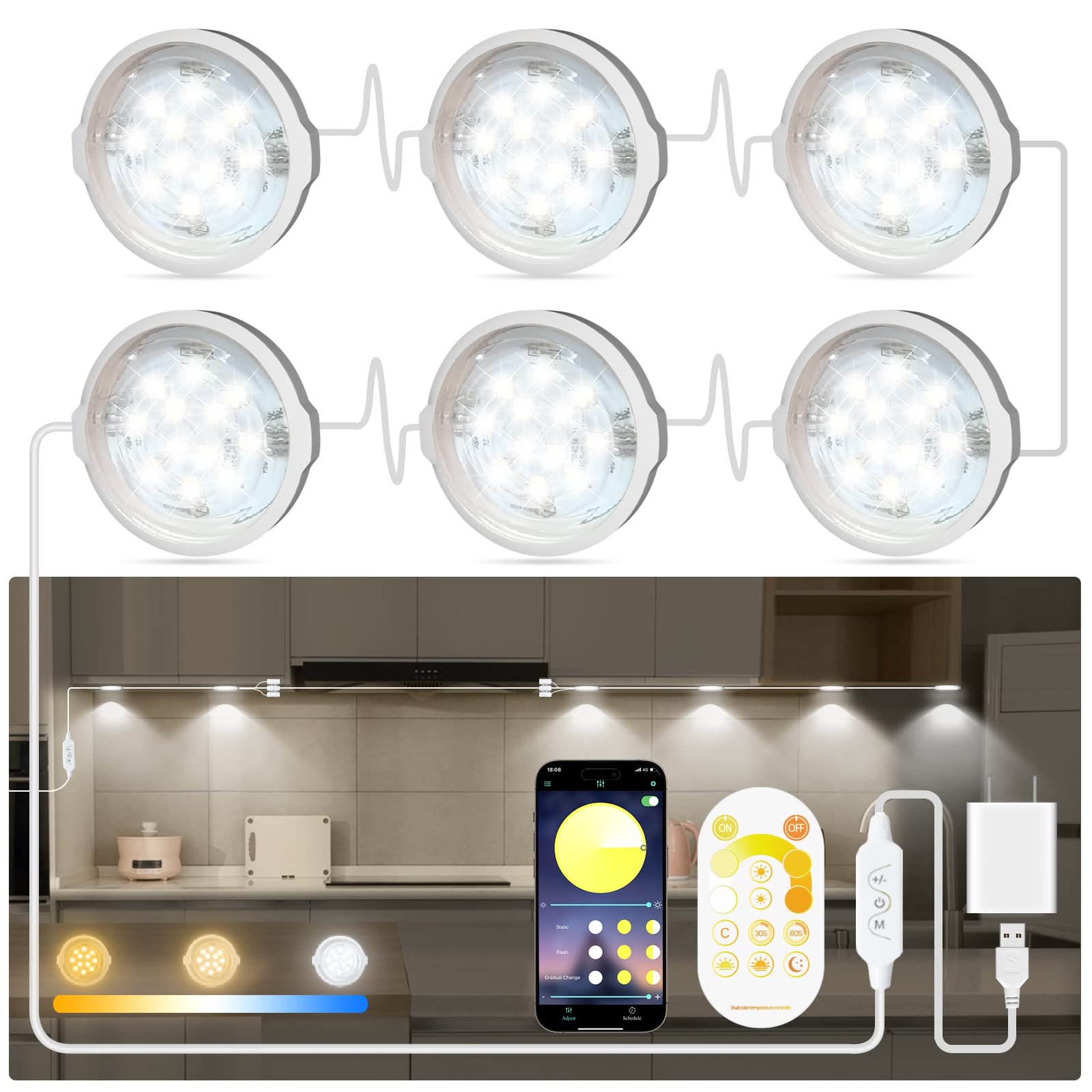 MATICOD Dimmable LED Under Cabinet Lighting - Plug in White Under Counter Lights with Bluetooth Smart APP Remote Control for Kitchen, Closet & Cabinets | Perfect for Task Lighting, Accent Decor & Nighttime Visibility
