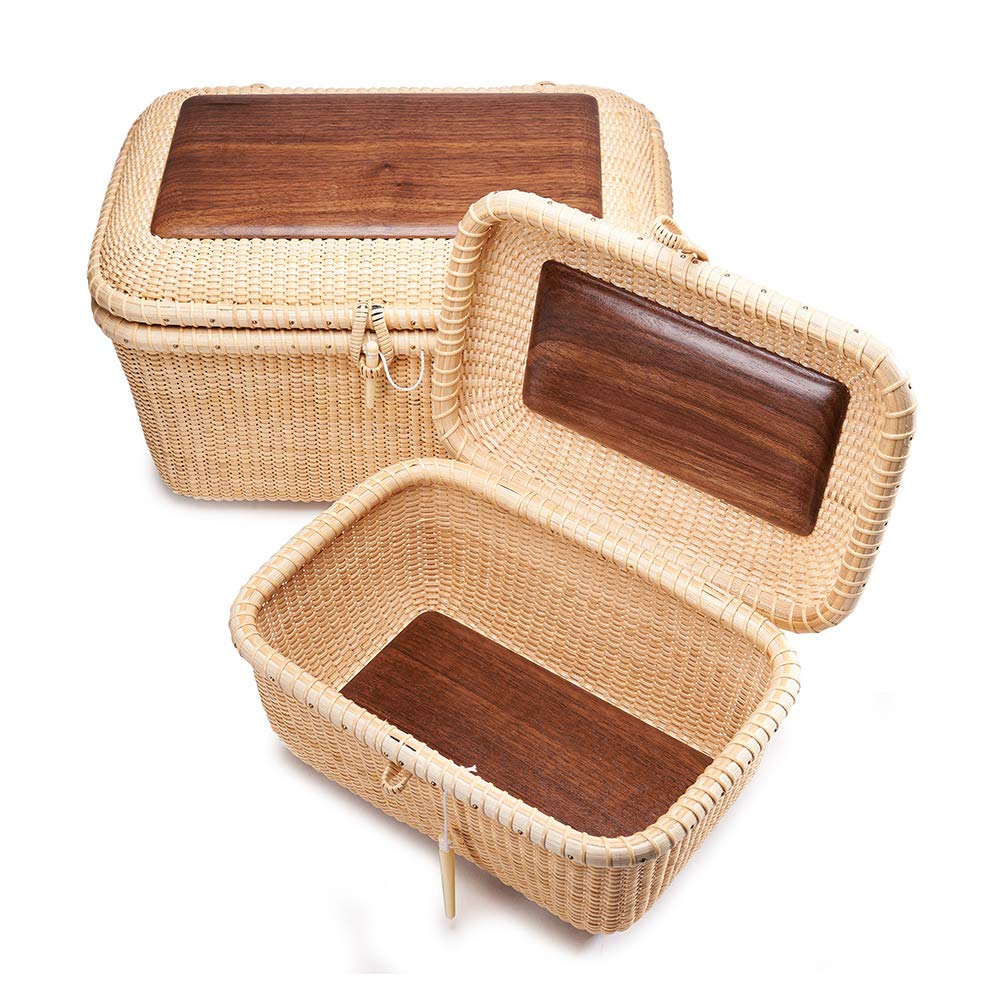 Handwoven Rattan Storage Basket Set with Lid - Nantucket Rectangular Baskets for Shelves, Home Organization & Decor | Perfect for Bedroom, Bathroom & Living Room Storage