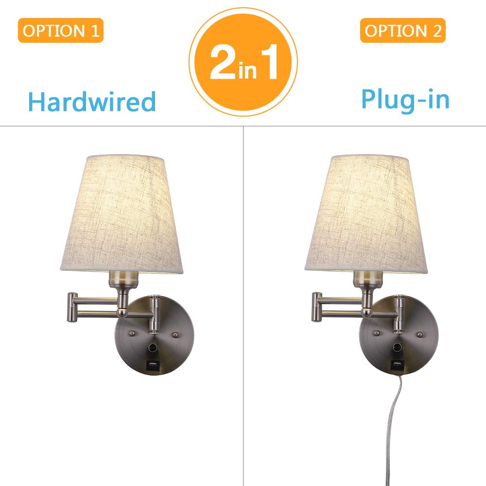 Dimmable Swing Arm Wall Sconce Light with USB Port & Plug-in Cord - Adjustable Fabric Shade Bedside Lamp for Bedroom, Living Room & Hotel - Perfect for Reading, Nightstand Lighting & Cozy Ambience