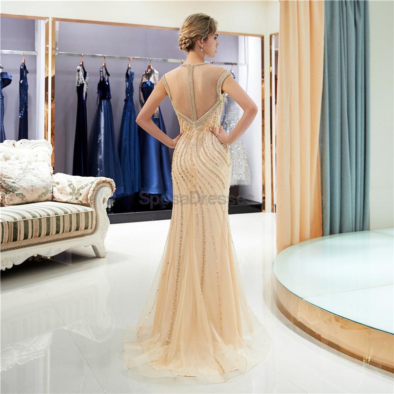 Elegant Gold Rhinestone Cap Sleeves Beaded Mermaid Prom Dress for Evening Party & Formal Events - Perfect for Homecoming, Wedding Guest & Special Occasions