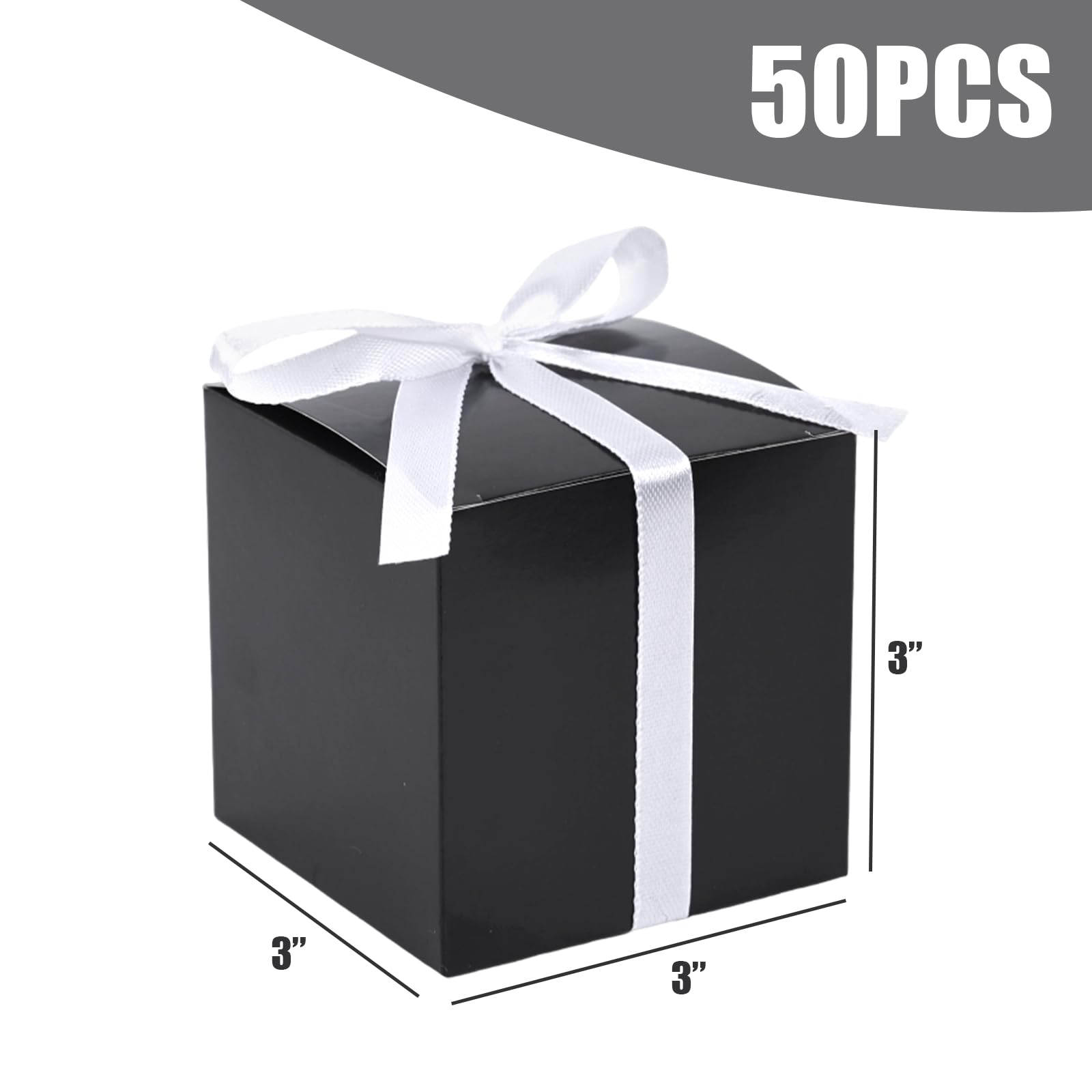 VGOODALL 50PCS 3 Inch Black Kraft Paper Gift Boxes with White Ribbon - Wedding Favors, Bridal Shower Party Decorations, Birthday Party Supplies - Perfect for Candy, Jewelry & Small Gifts