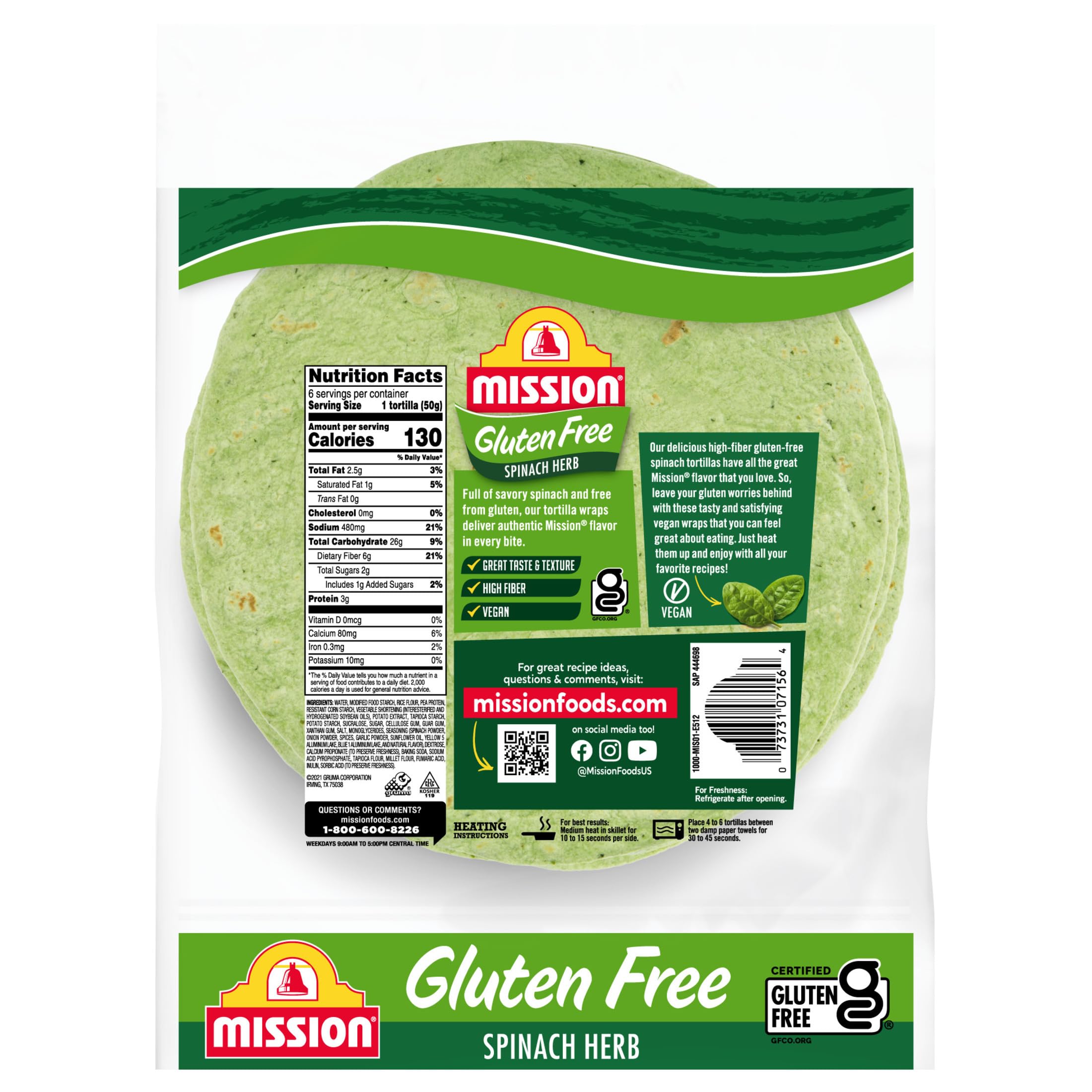 Mission Gluten Free Spinach Herb Tortilla Wraps - 6 Count, Trans Fat Free, Vegan & Healthy - Perfect for Wraps, Quesadillas & Lunchbox Meals