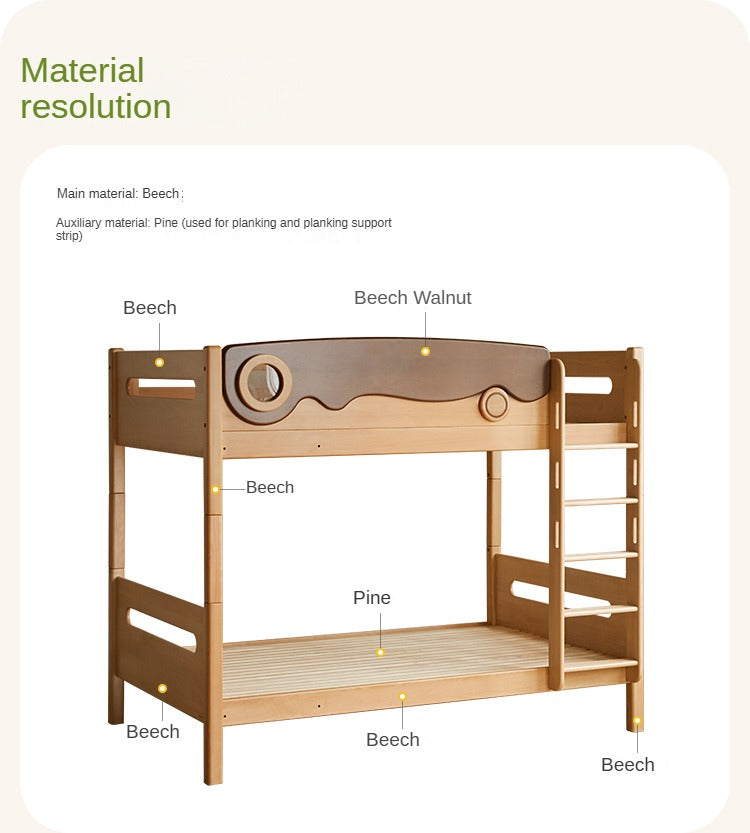 Solid Beech Wood Bunk Bed with Guardrails - Sturdy & Safe for Kids' Bedroom, Dormitory, or Guest Room