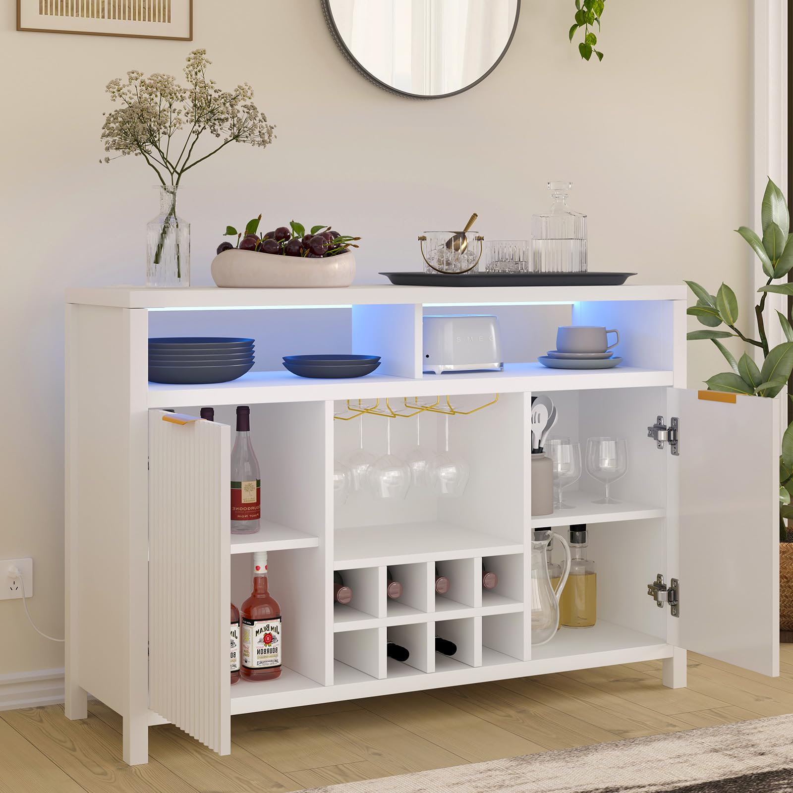 Modern White Fluted Home Bar Wine Cabinet with LED Lights & USB Charging Station - 47.2