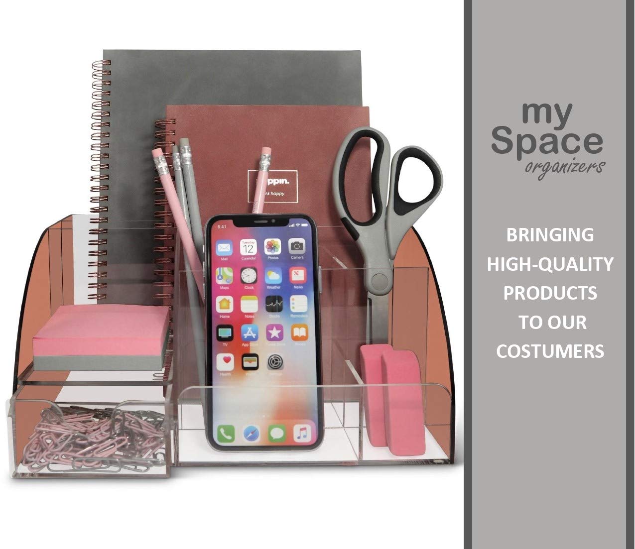 Rose Gold Acrylic Desk Organizer with 9 Compartments & Drawer - Pen Holder & Office Supplies Storage - Stylish Desktop Organization for Home & Office Workspace