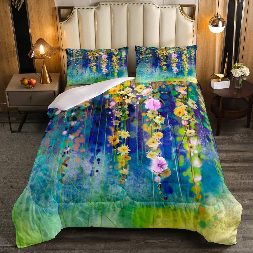 Floral Down Comforter Set for Girls & Women - Spring Botanical Tie Dye Duvet Cover with Pillowcase - Twin Size Navy Blue - Perfect for Summer Bedroom Decor & Kids Room Aesthetics