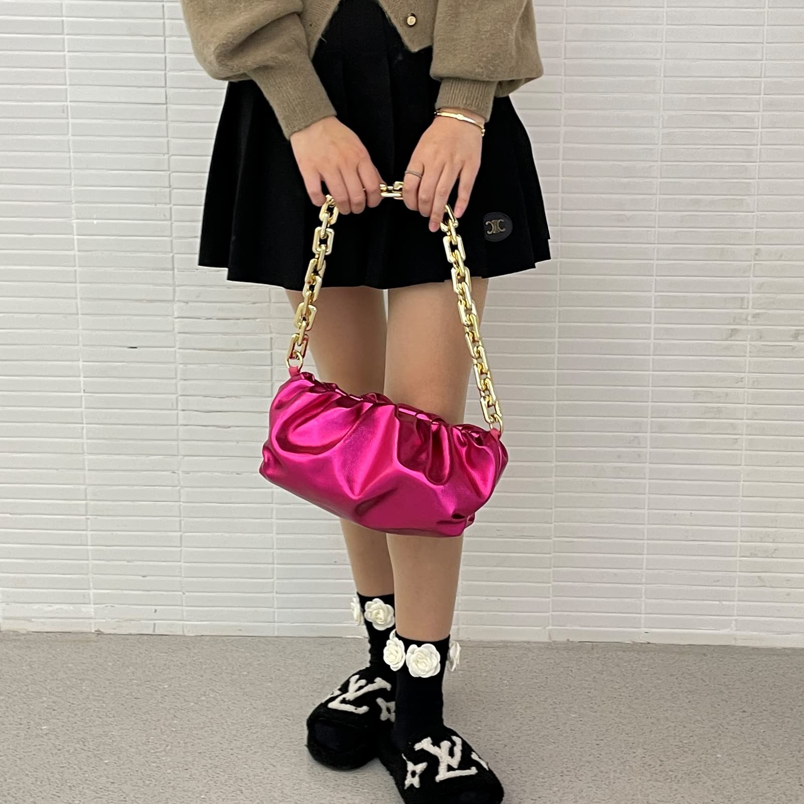 NAARIIAN Women's Cloud-Shape Dumpling Bags with Chunky Chain & Detachable Strap - Elegant Evening Clutch Purse for Parties, Weddings & Date Nights