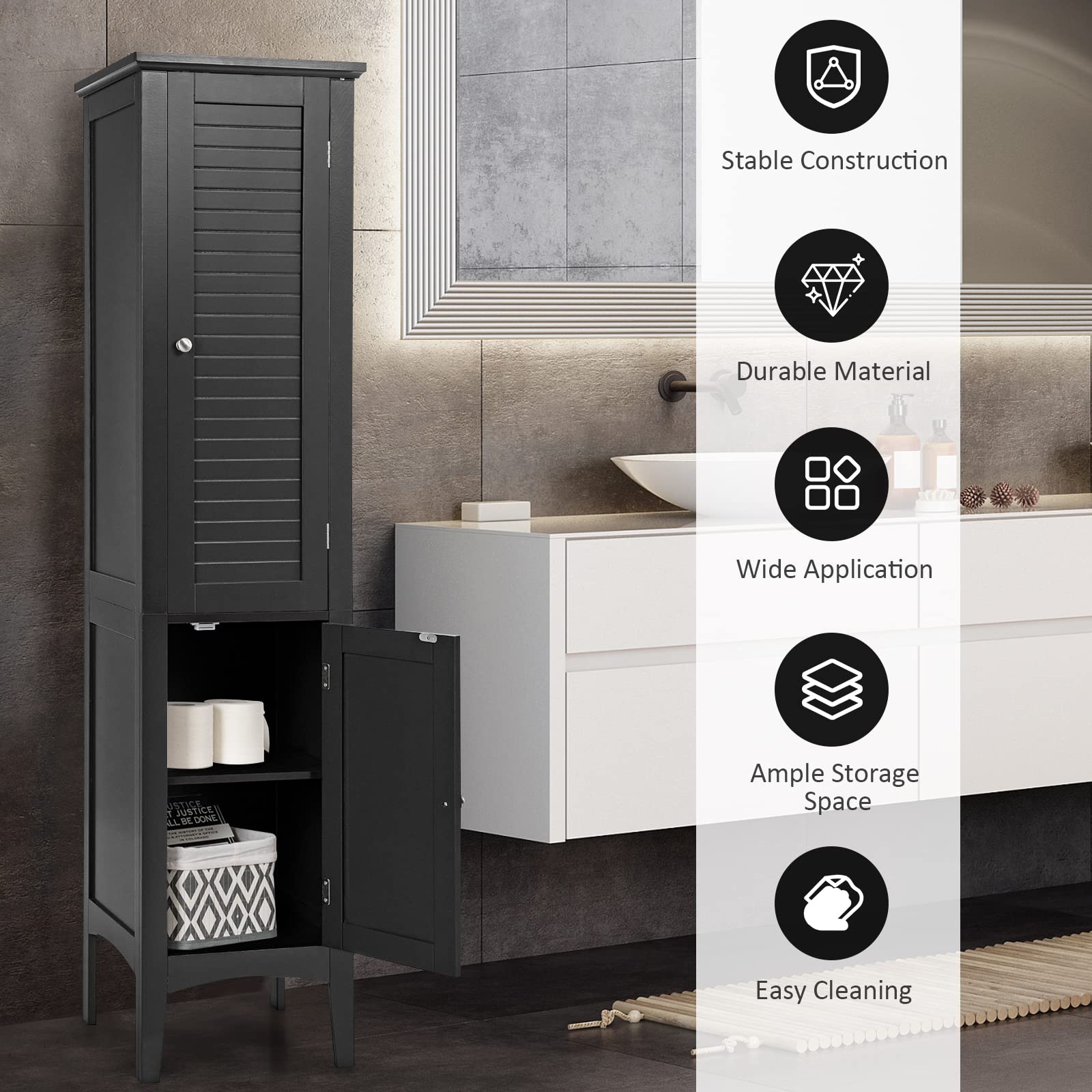 Giantex 5-Tier Storage Cabinet - Freestanding Tall Bathroom & Kitchen Organizer with Shelves, Slim Linen Tower for Bathroom, Kitchen, Living Room - Space-Saving Narrow Floor Cabinet (Black) | Perfect for Small Spaces, Apartment Storage & Home Organization