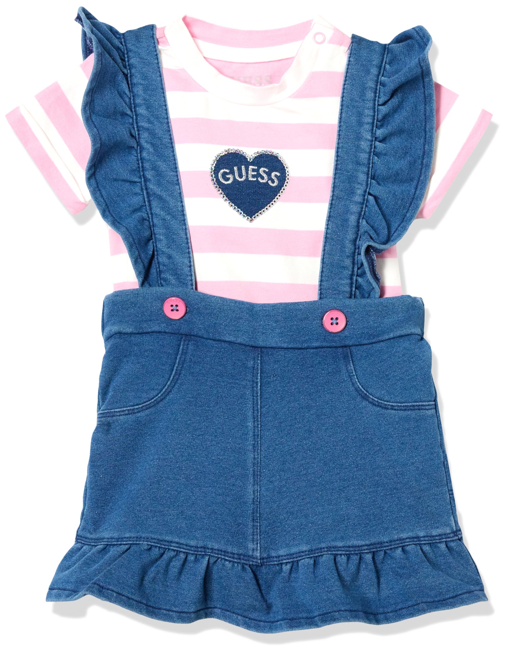 GUESS Baby Girls Organic Cotton Striped Bodysuit & Denim Overalls Playwear Set - Soft Outfit for Newborns, Infants & Toddlers - Perfect for Playdates, Photo Shoots & Everyday Wear