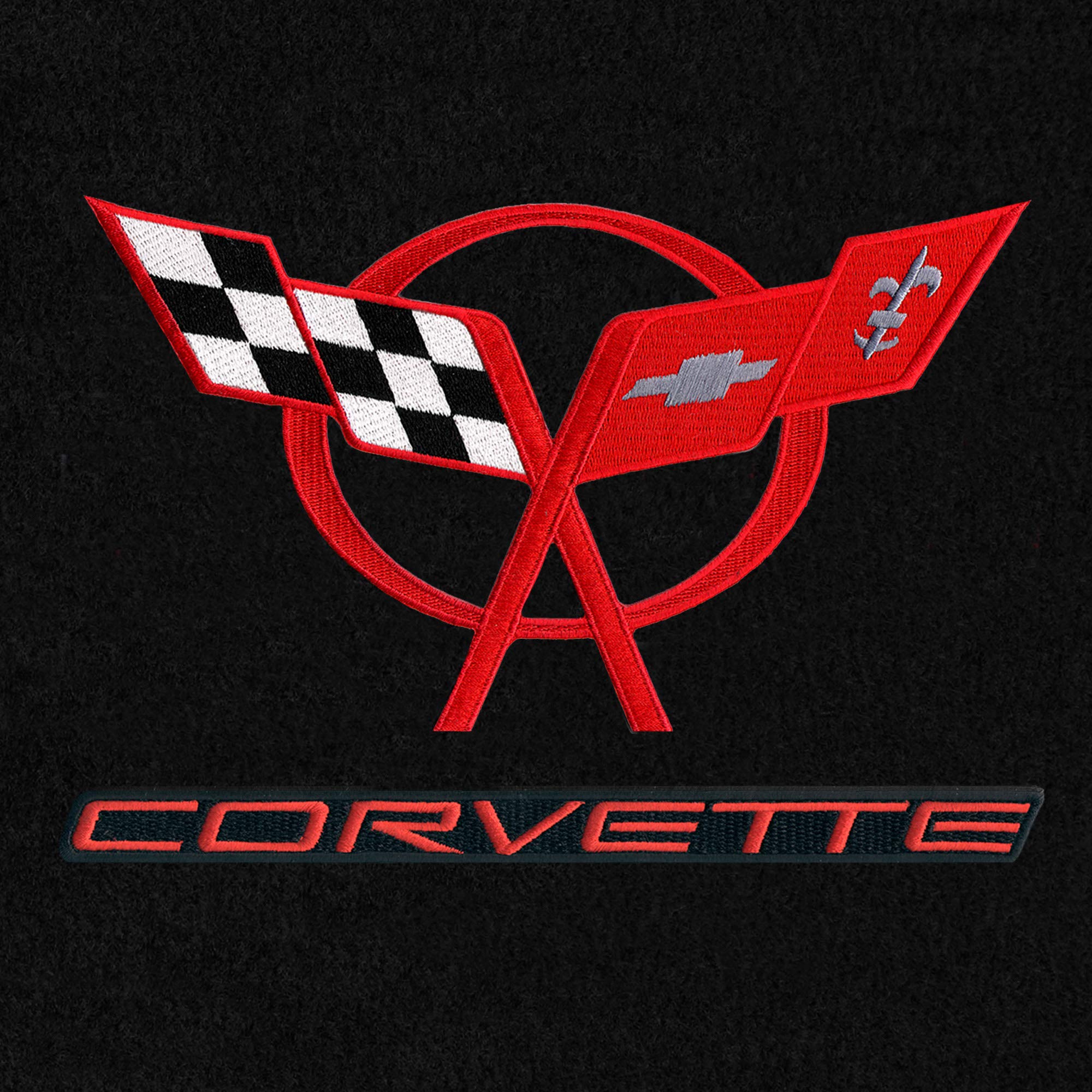 Premium Custom-Fit Carpeted Floor Mats for 1997-2004 C5 Corvette - Luxury Black Car Floor Liners with Red Flag & Corvette Logo (2-Piece Set) - Perfect for Daily Driving, Road Trips & Car Shows