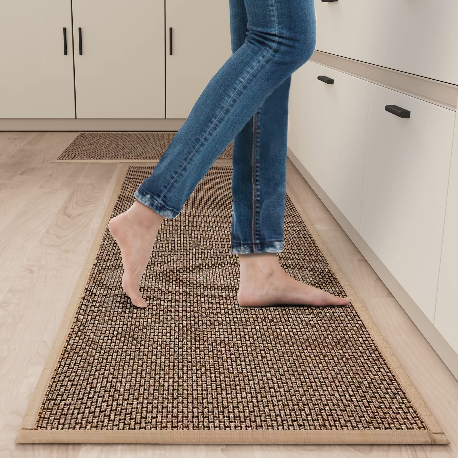 Non-Slip Kitchen Floor Mats Set of 2 - Cushioned Absorbent Rugs for Comfortable Standing, Washable Runner for Kitchen, Office & Home - Brown (17.3