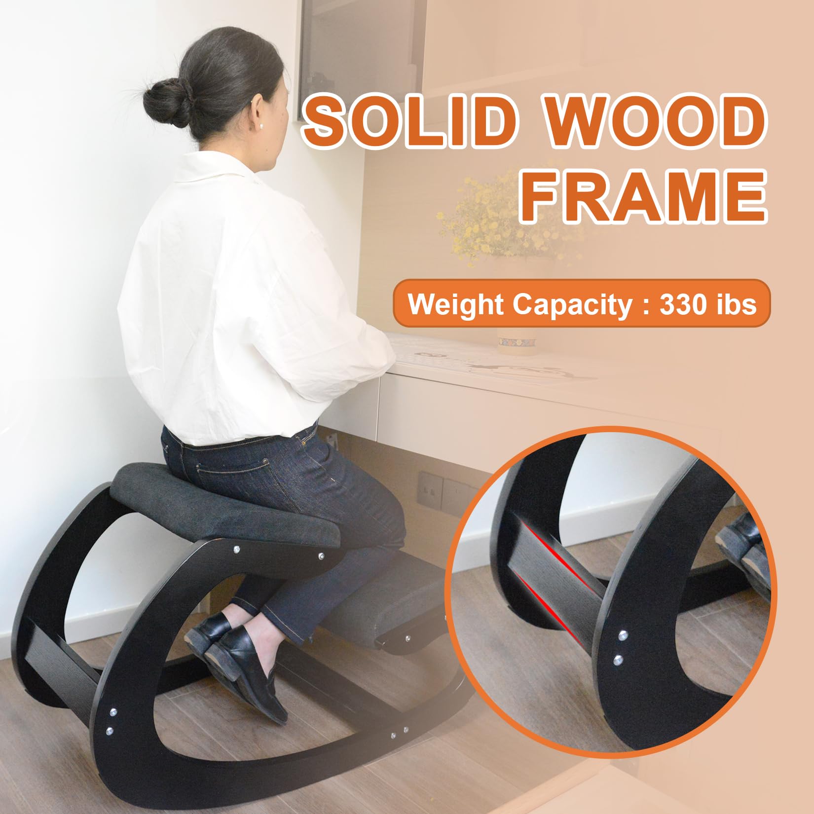 Ergonomic Kneeling Chair with Comfort Cushion - Adjustable Wooden Rocking Seat for Back Pain Relief & Posture Correction - Ideal for Home Office, Meditation, and Reading Nook