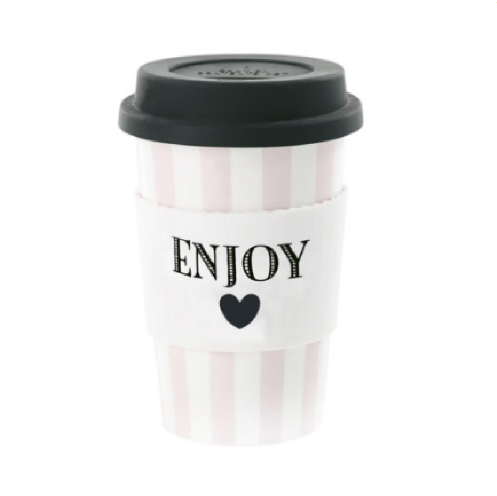 Ms Etoile Ceramic Travel Mug with Leak-Proof Rubber Lid - Pink Stripes Design - Insulated Coffee Cup for Hot & Cold Drinks - Perfect for Commuting, Office & Outdoor Activities
