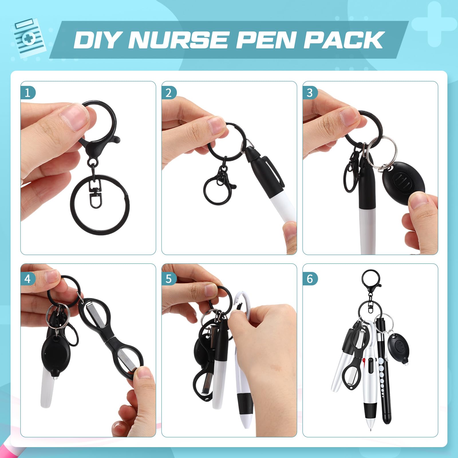 6-Piece Nurse Pen Set with Permanent Marker, Retractable Ballpoint Pen, Keychain Clip, Foldable Scissors & LED Flashlight - Essential Nursing Accessories for Medical Professionals (Black) - Perfect for Hospital Shifts, Clinical Work & Nursing School Supplies