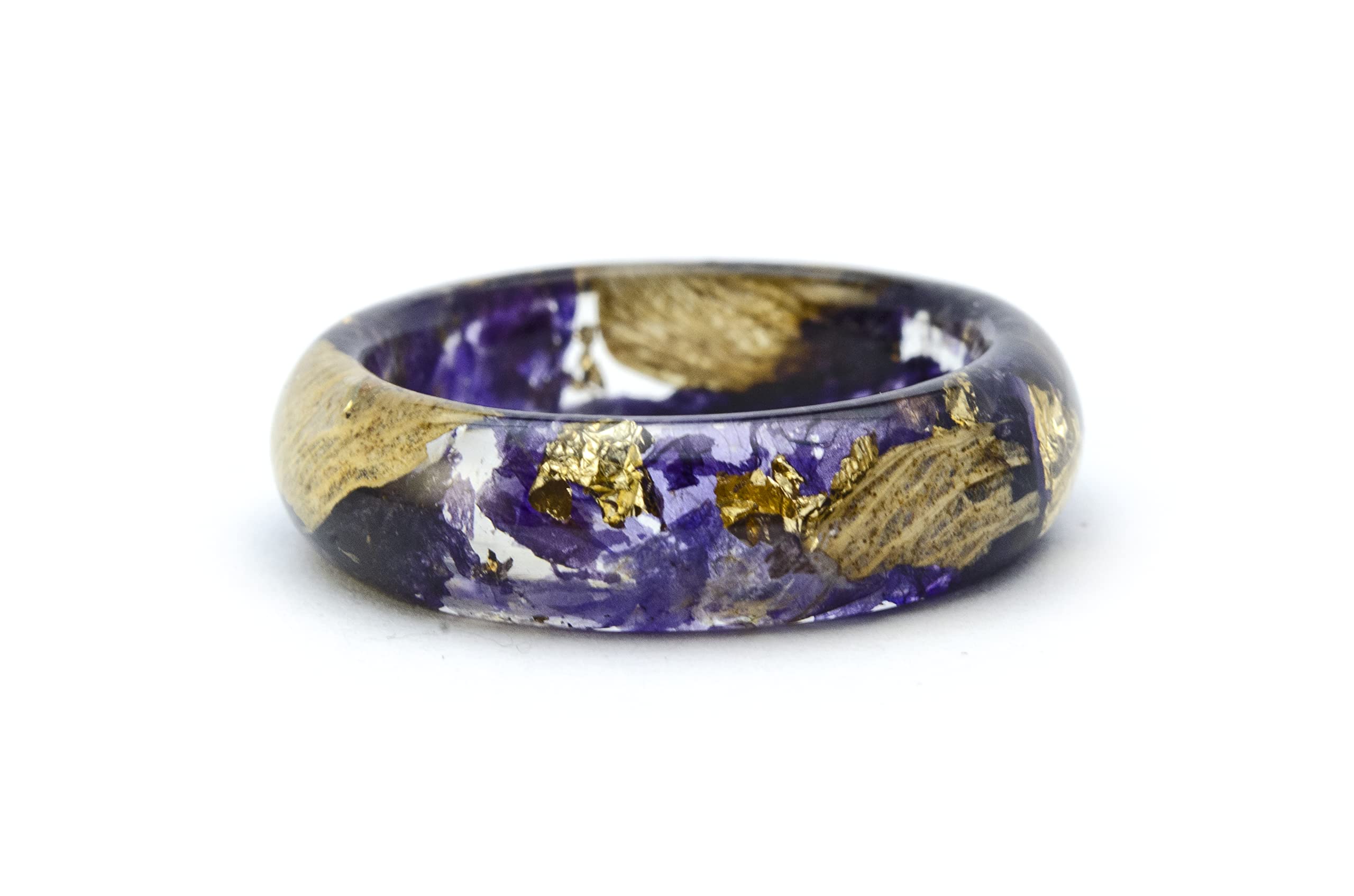 Nature Inspired Engagement Resin Rings with Purple Bells & 24K Gold - Unique Wedding Band for Couples, Handmade Eco-Friendly Jewelry Gift for Her | Perfect for Proposals, Anniversaries & Romantic Occasions