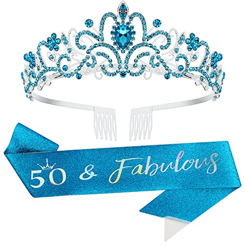 50th Birthday Decorations for Women - Elegant Blue Sash & Tiara Set, Perfect 50th Birthday Gift, Party Crown & Accessories - Ideal for Milestone Celebrations, Themed Parties & Special Occasions