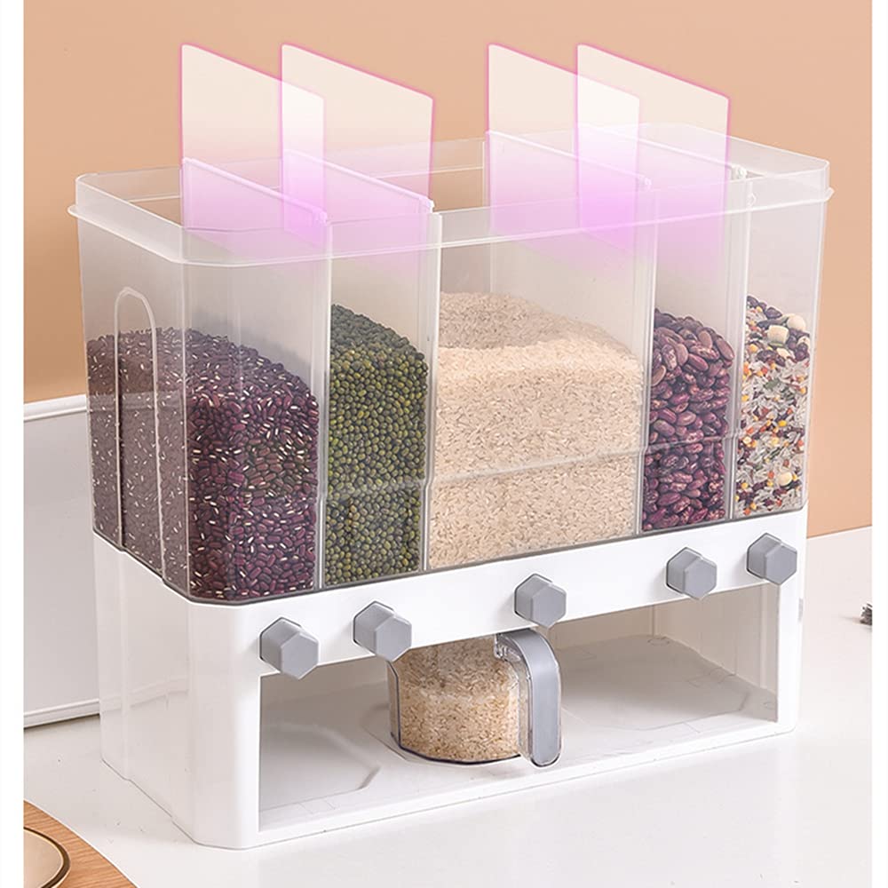 Clear Plastic 5-Grid Cereal Dispenser with Lid - Dry Food Storage Container for Rice, Cereal, Pasta - Perfect for Kitchen Pantry Organization (White)