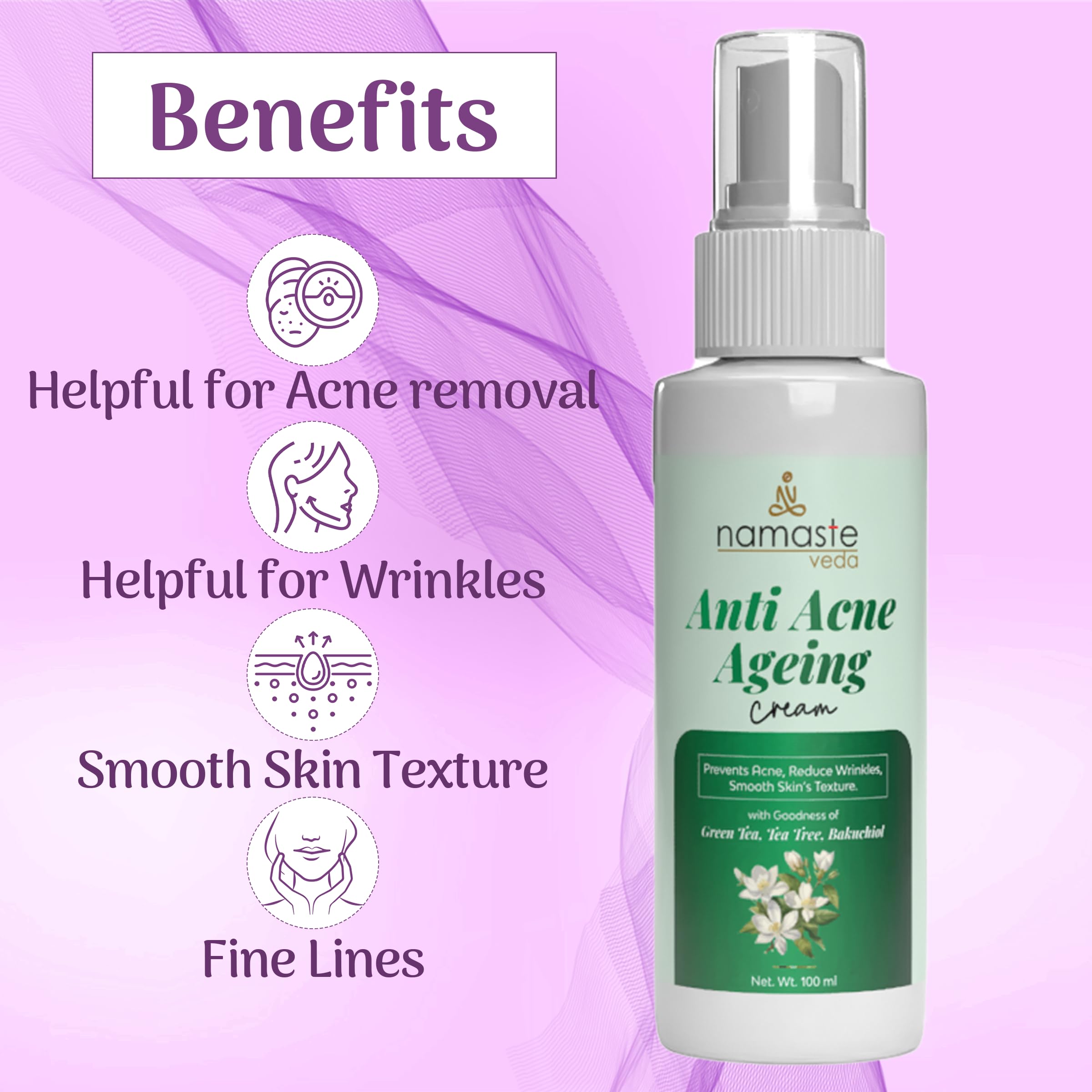 Oil-Free Anti-Acne Face Cream with Green Tea, Vitamin A, Tea Tree & Bakuchiol - Pimple Treatment, Dark Spot Corrector & Anti-Aging Solution for Acne Marks & Fine Lines (100ml) | Perfect for Daily Skincare Routine & Post-Breakout Recovery