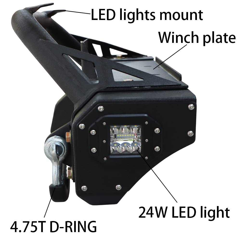 Black Textured Front Bumper with Winch Plate, 4 Aluminum Lights & 2 D-Rings for 1997-2006 Jeep Wrangler TJ - Off-Road Protection & Adventure-Ready Upgrade