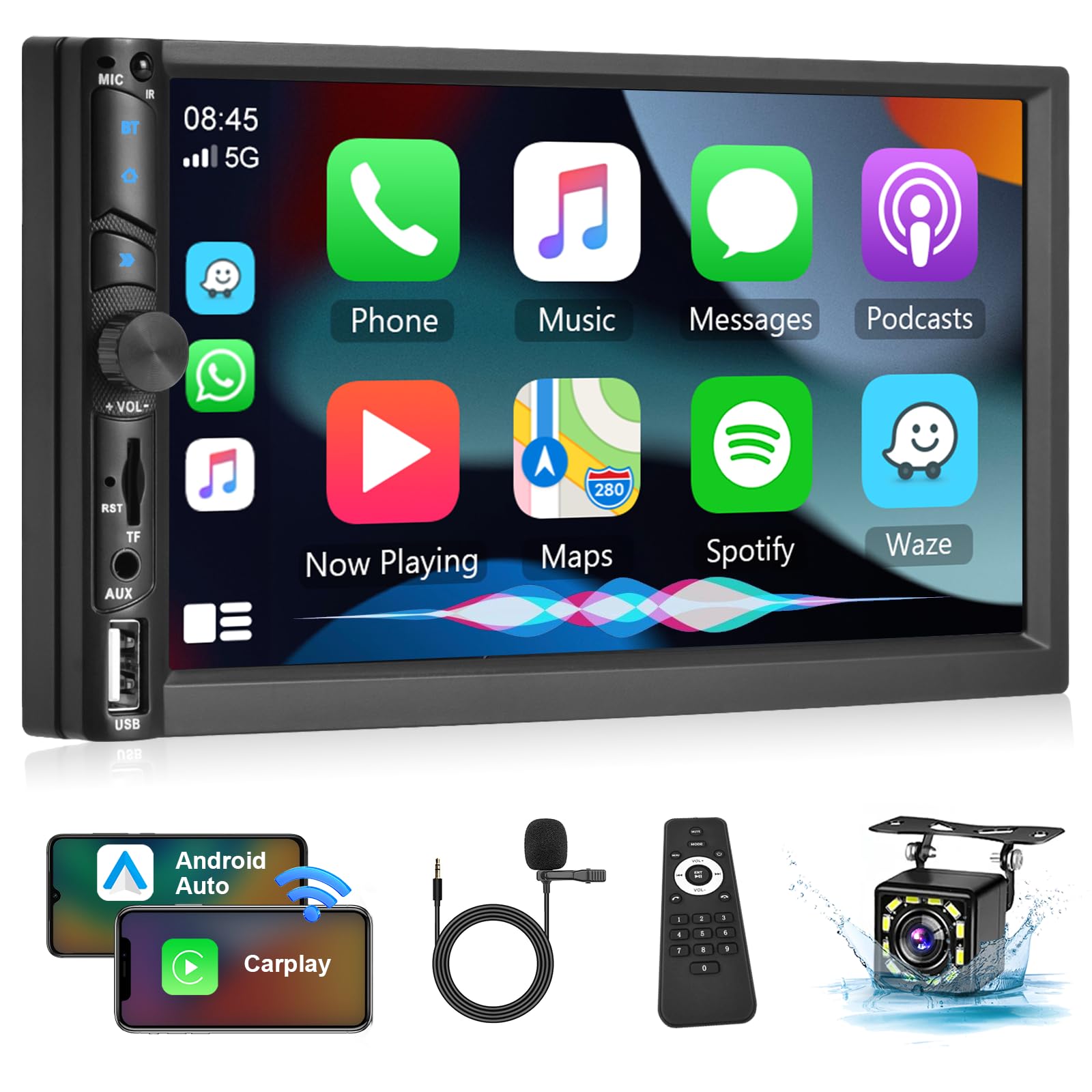 Wireless CarPlay & Android Auto Double Din Car Stereo - 7 Inch Touchscreen Bluetooth Car Radio with USB/TF/Aux/Subwoofer Ports, SWC, FM, Voice Control & Backup Camera - Perfect for Hands-Free Driving & Enhanced In-Car Entertainment