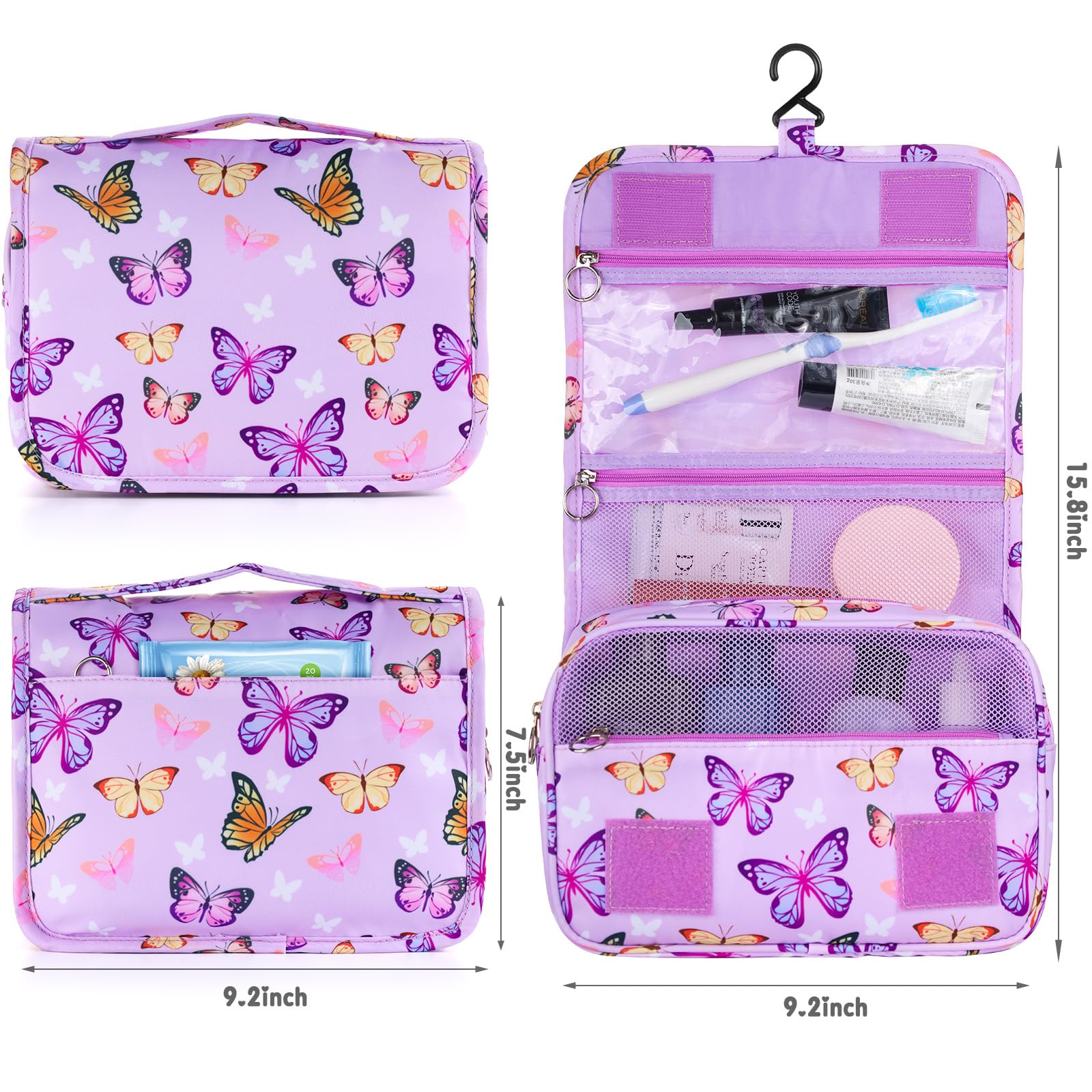 Waterproof Hanging Toiletry Bag for Girls - Butterfly Purple Travel Cosmetic Organizer | Kids Wash Bag for Toddler Travel, School & Sleepovers | Portable Makeup Storage for Bathroom & Vacation