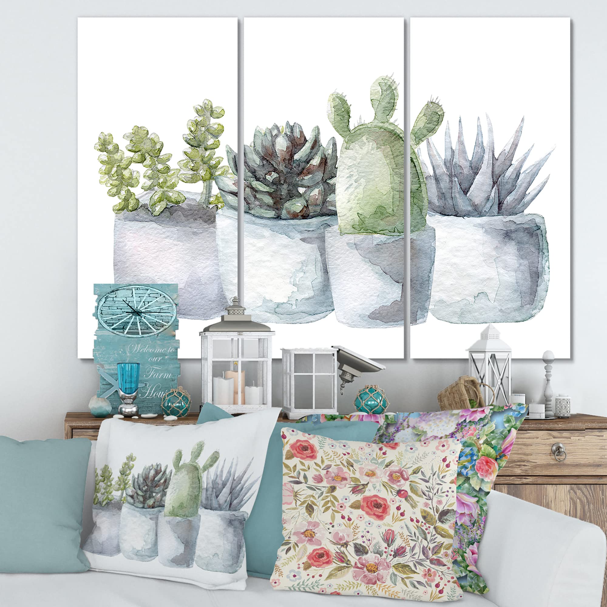 DesignQ Cactus and Succulent House Plants - Farmhouse Style Canvas Wall Art Decor for Living Room, Bedroom & Office
