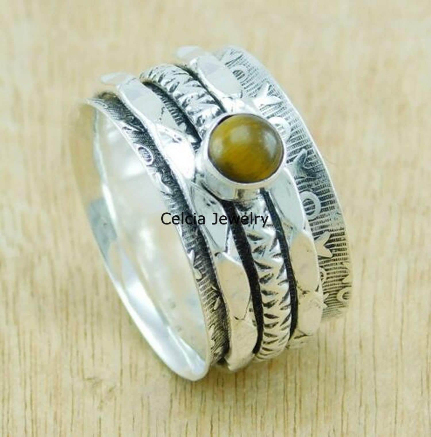 Genuine Tiger Eye Gemstone Handmade Sterling Silver Spinner Ring - 925 Silver Meditation & Anxiety Relief Jewelry for Men & Women - US Size 7 - Perfect for Stress Relief, Mindfulness Practice & Everyday Wear