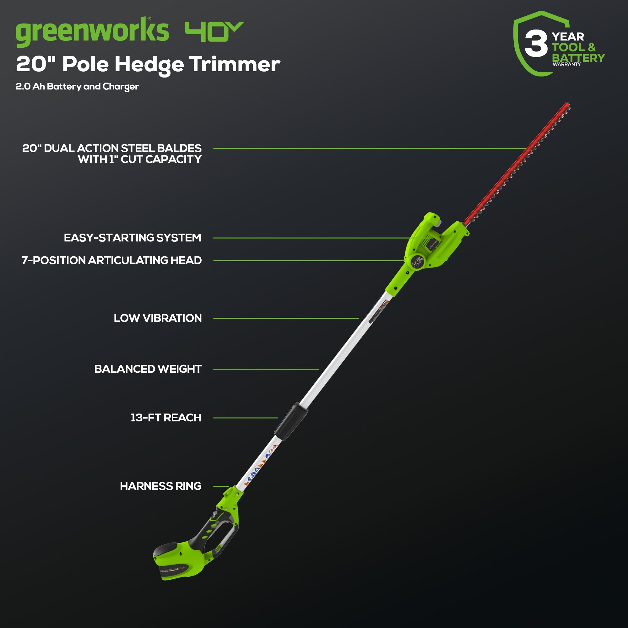 40V 20-Inch Cordless Battery Pole Hedge Trimmer with 2.0Ah Battery & Charger - Perfect for Tree Trimming, Lawn Care, and Garden Maintenance