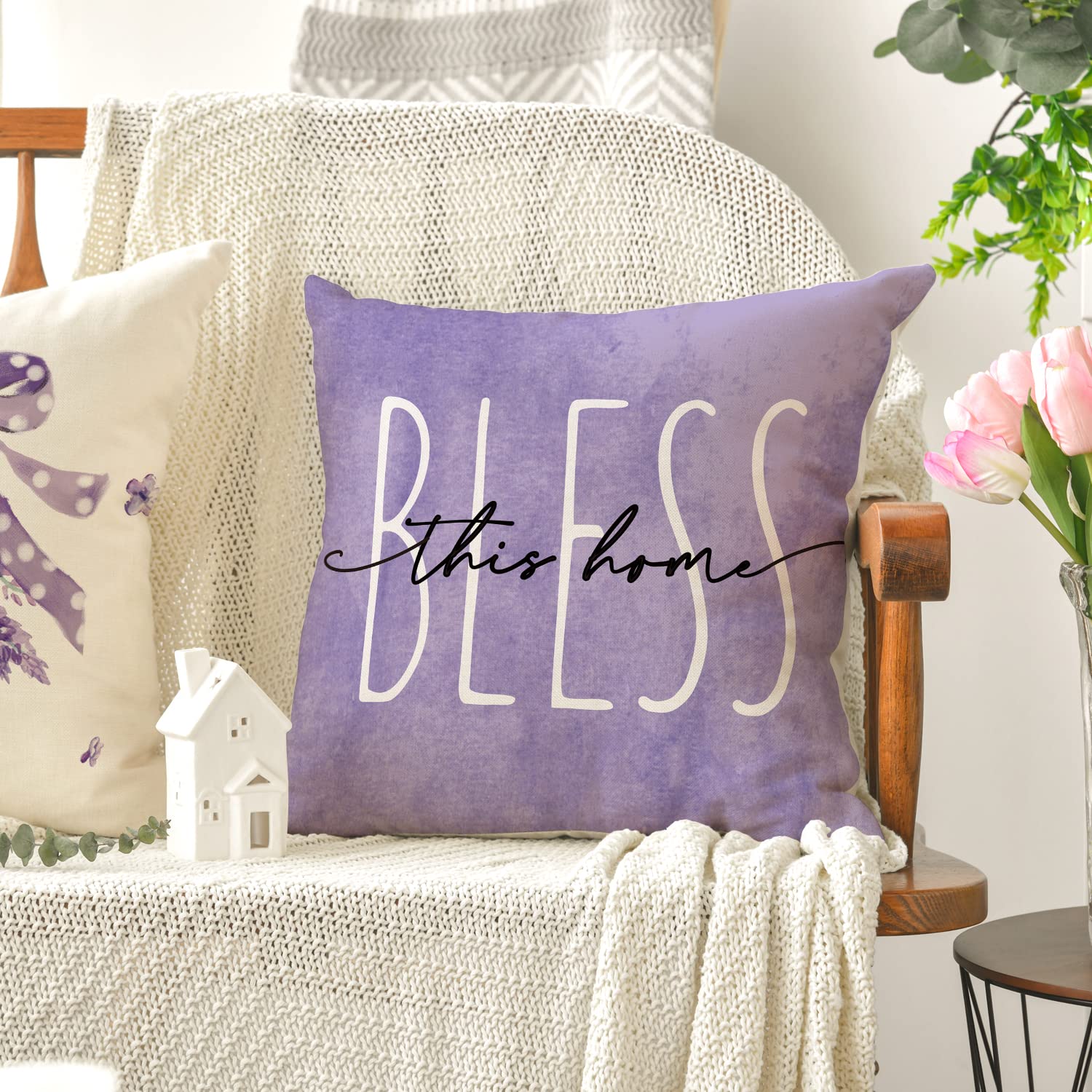 Lavender Home Sweet Home Throw Pillow Covers 18x18 Inch - Set of 4 Purple Spring Summer Cushion Cases for Sofa & Couch Decor - Perfect for Living Room, Bedroom & Home Blessing Gifts